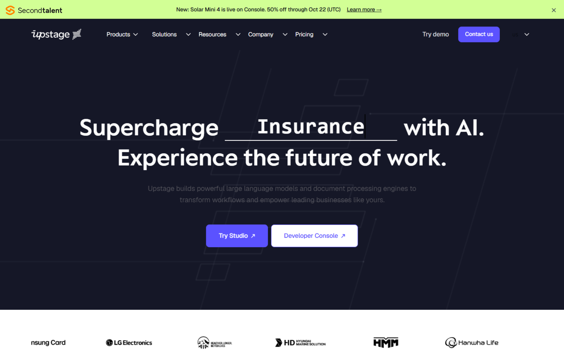 Upstage's home page, headed Supercharge Insurance with AI, with its enterprise customer logos.
