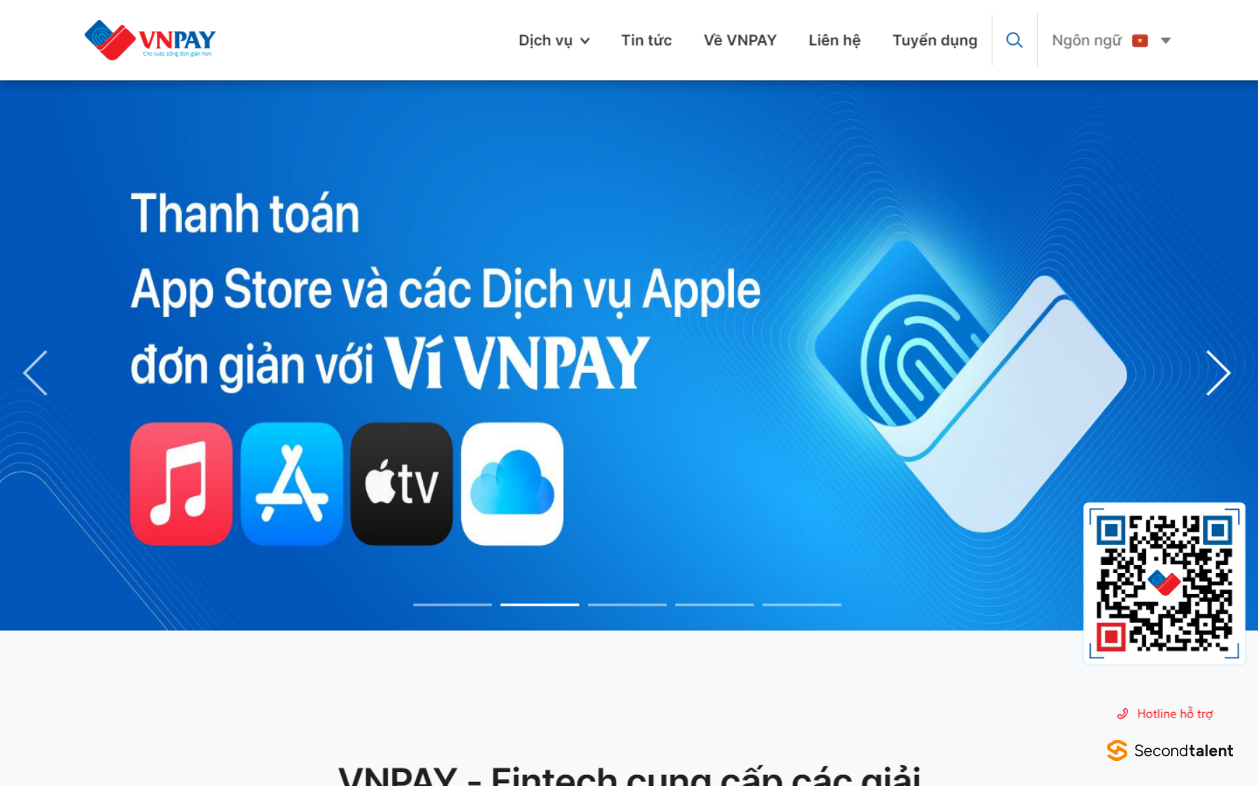 The VNPAY home page in Vietnamese, promoting payments for Apple services through the VNPAY wallet.