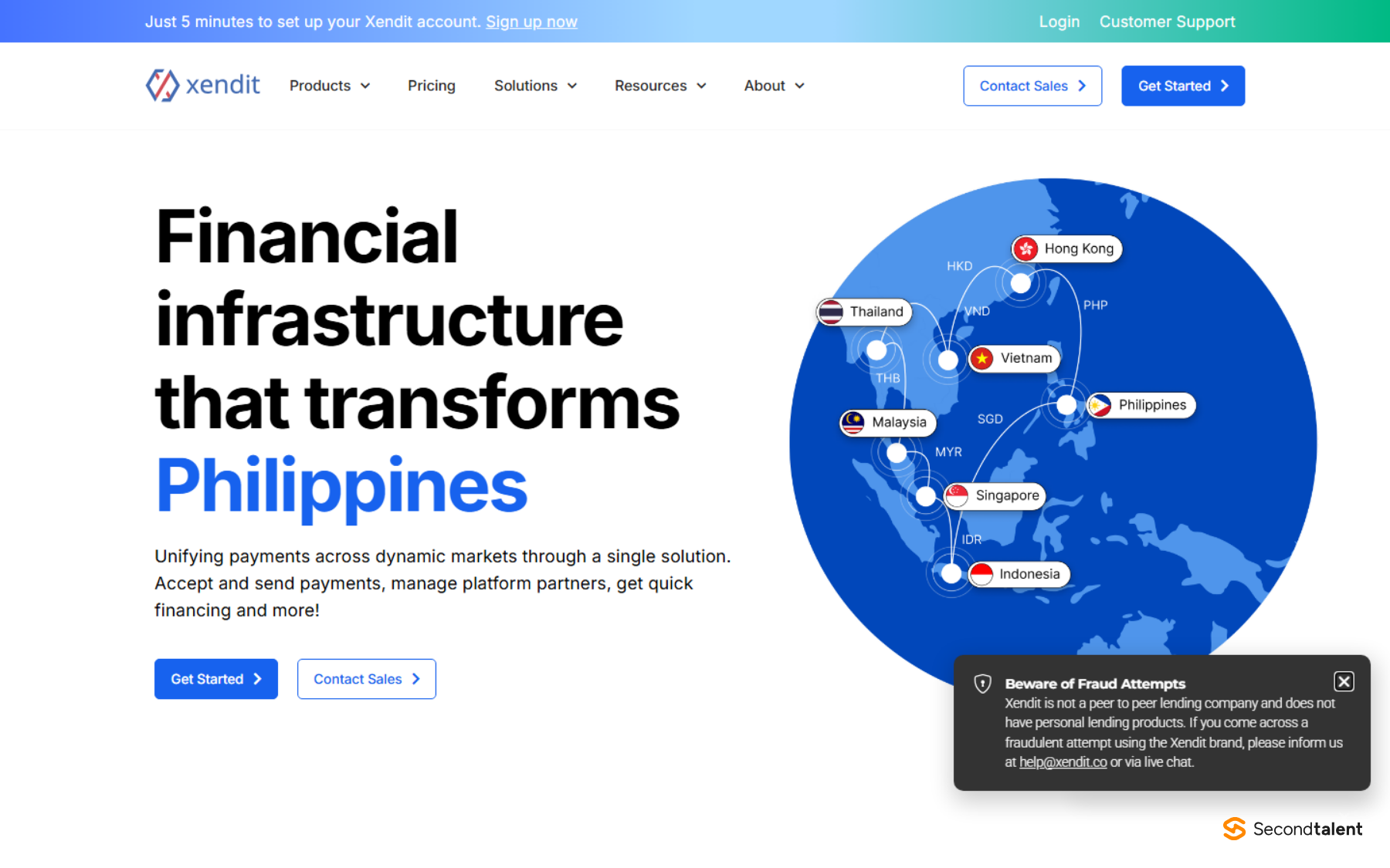 Xendit's Philippines home page, headed Financial infrastructure that transforms Philippines, with a map of its markets.