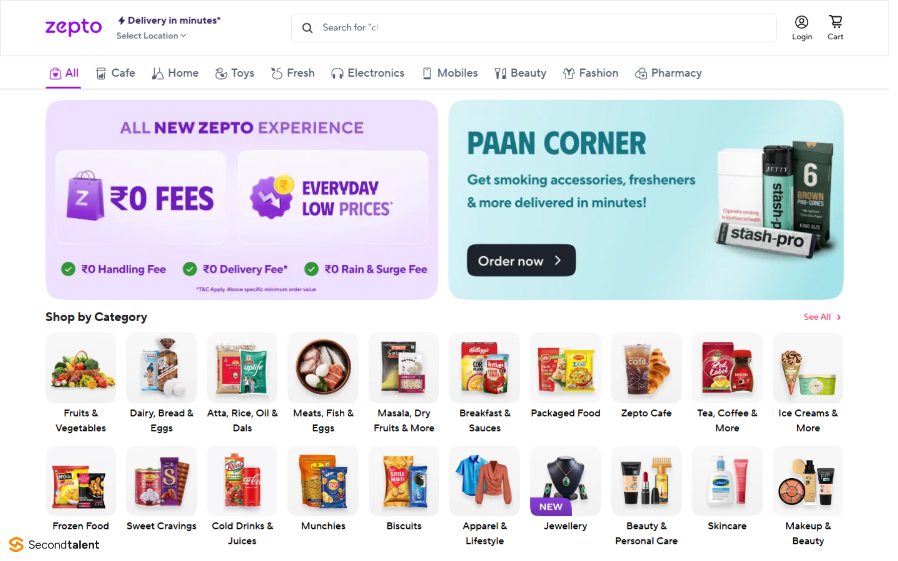 Zepto's grocery delivery home page with product categories and a zero-fee offer.