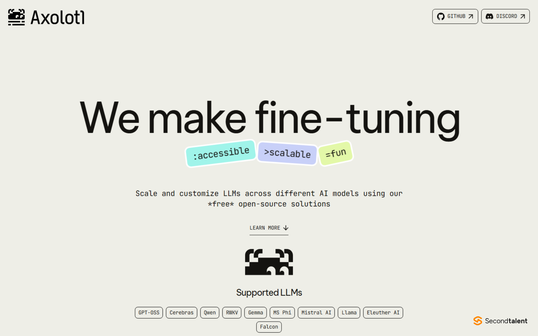 Axolotl home page: we make fine-tuning accessible, scalable and fun, with a list of supported LLM families
