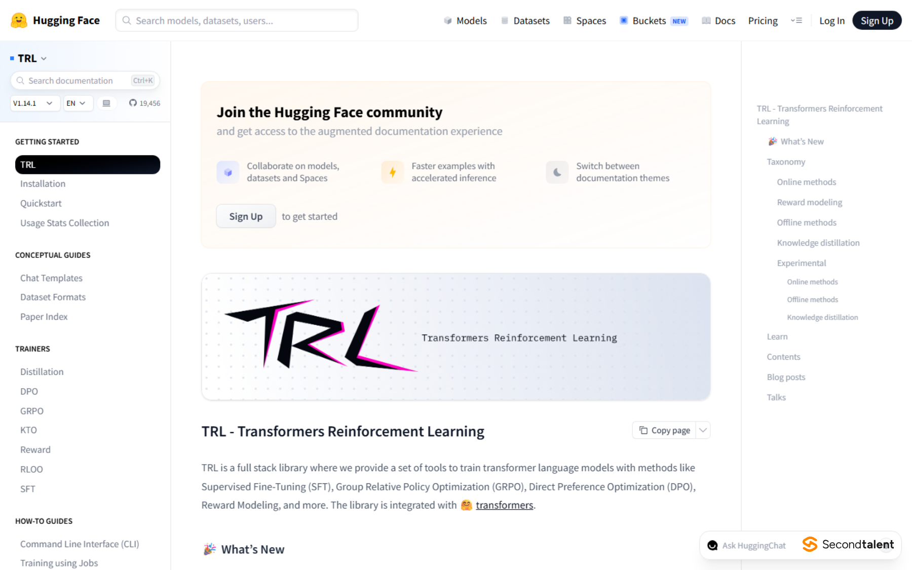 Hugging Face TRL documentation home page, listing trainers for SFT, DPO, GRPO, KTO and reward modeling