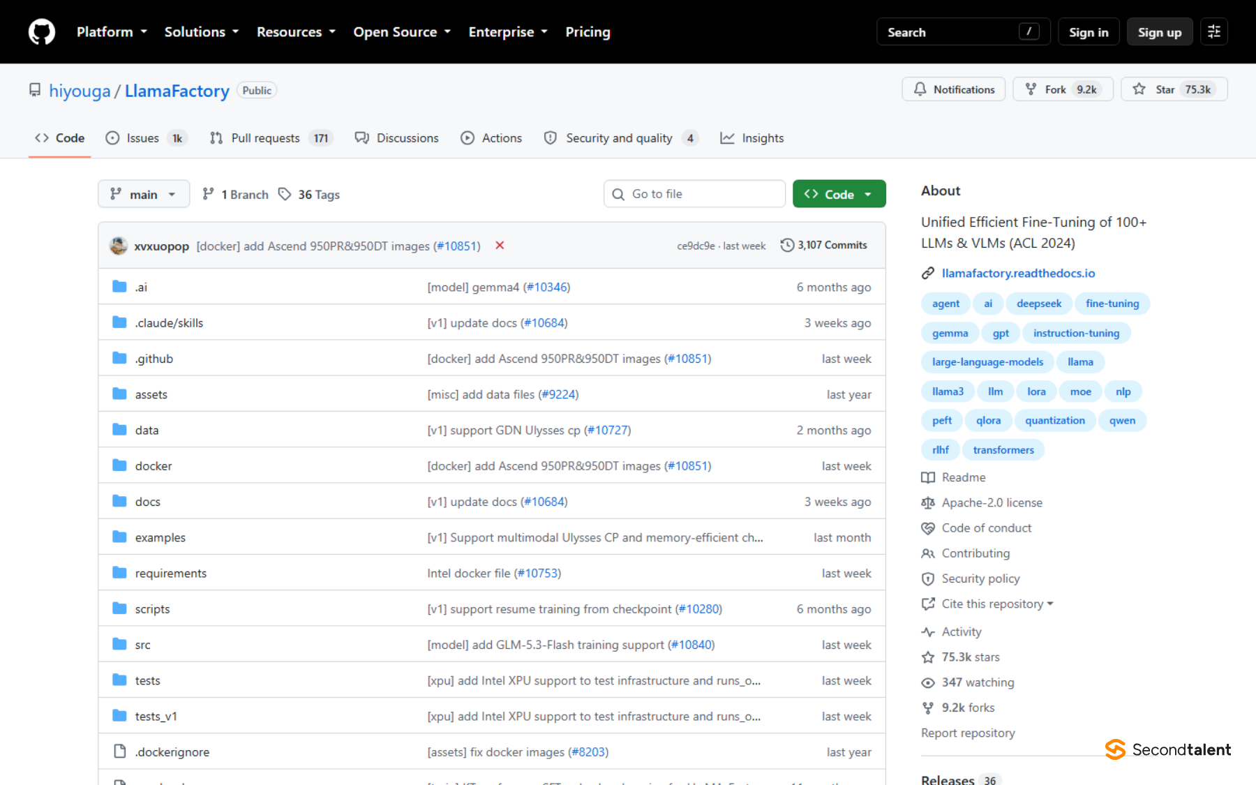 LlamaFactory GitHub repository page: unified efficient fine-tuning of 100+ LLMs and VLMs, Apache-2.0 license, 75.3k stars