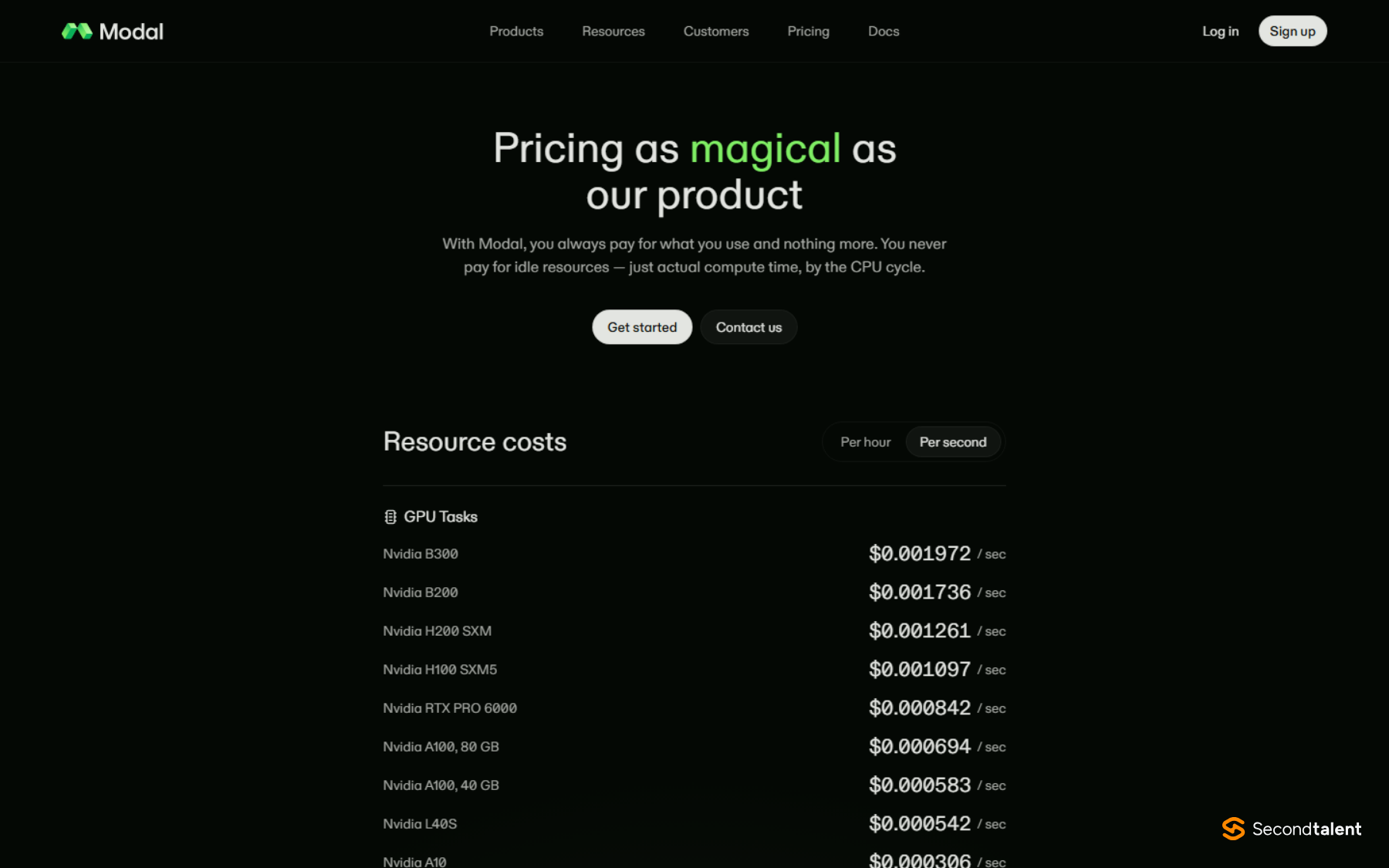 Modal pricing page listing per-second GPU prices from Nvidia B300 to A10