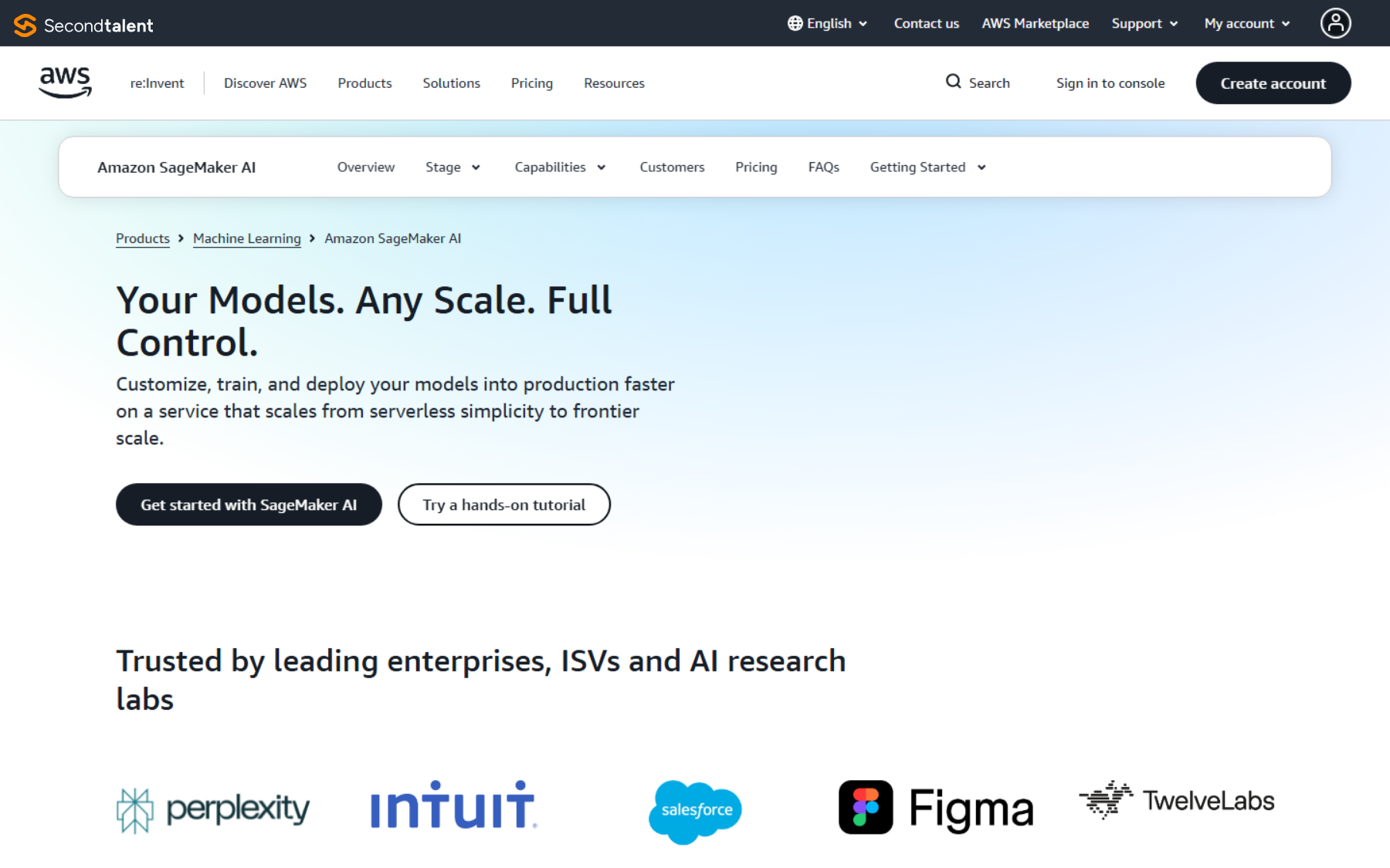 Amazon SageMaker AI product page: customize, train and deploy your models into production