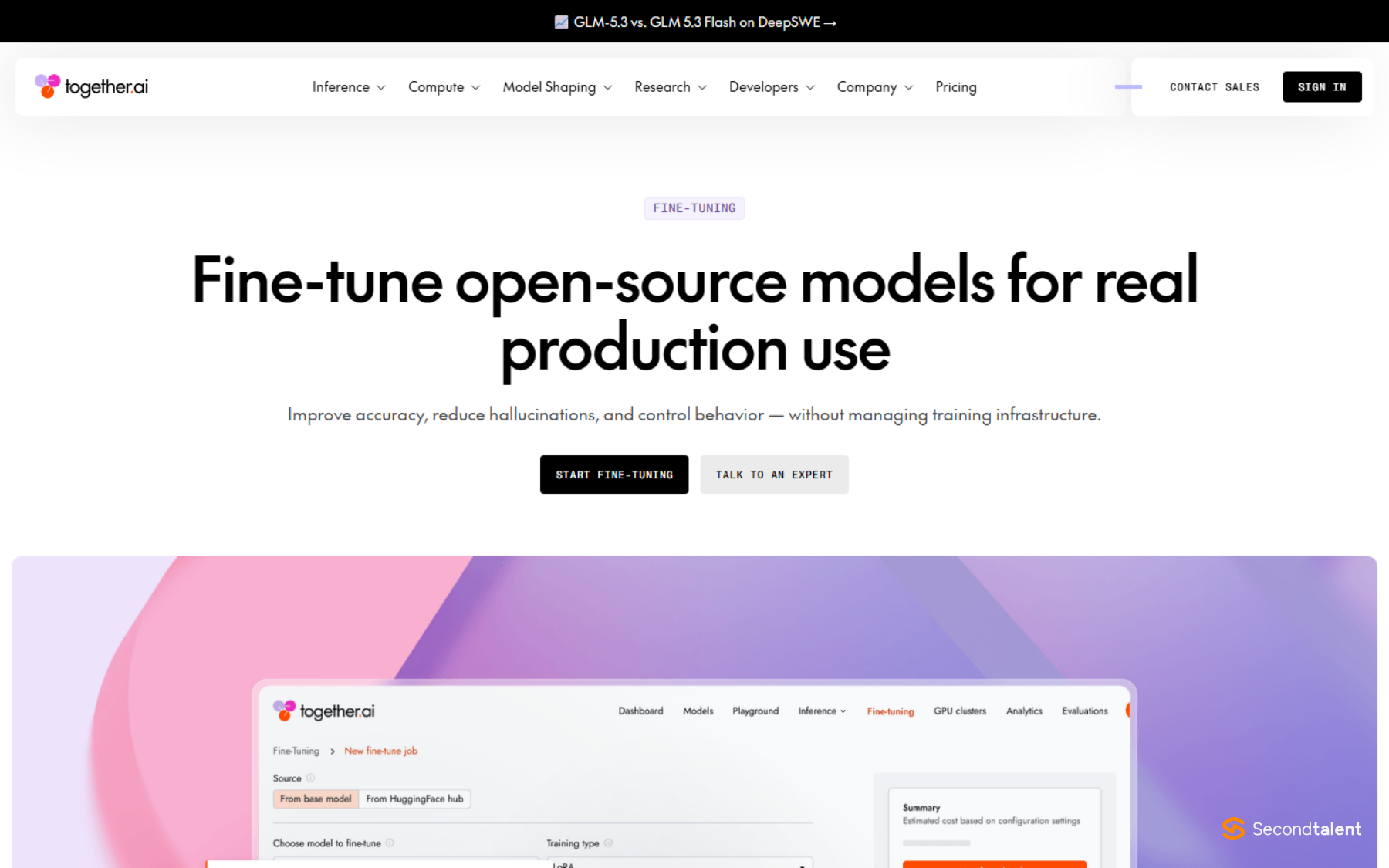 Together AI fine-tuning page: fine-tune open-source models for real production use without managing training infrastructure