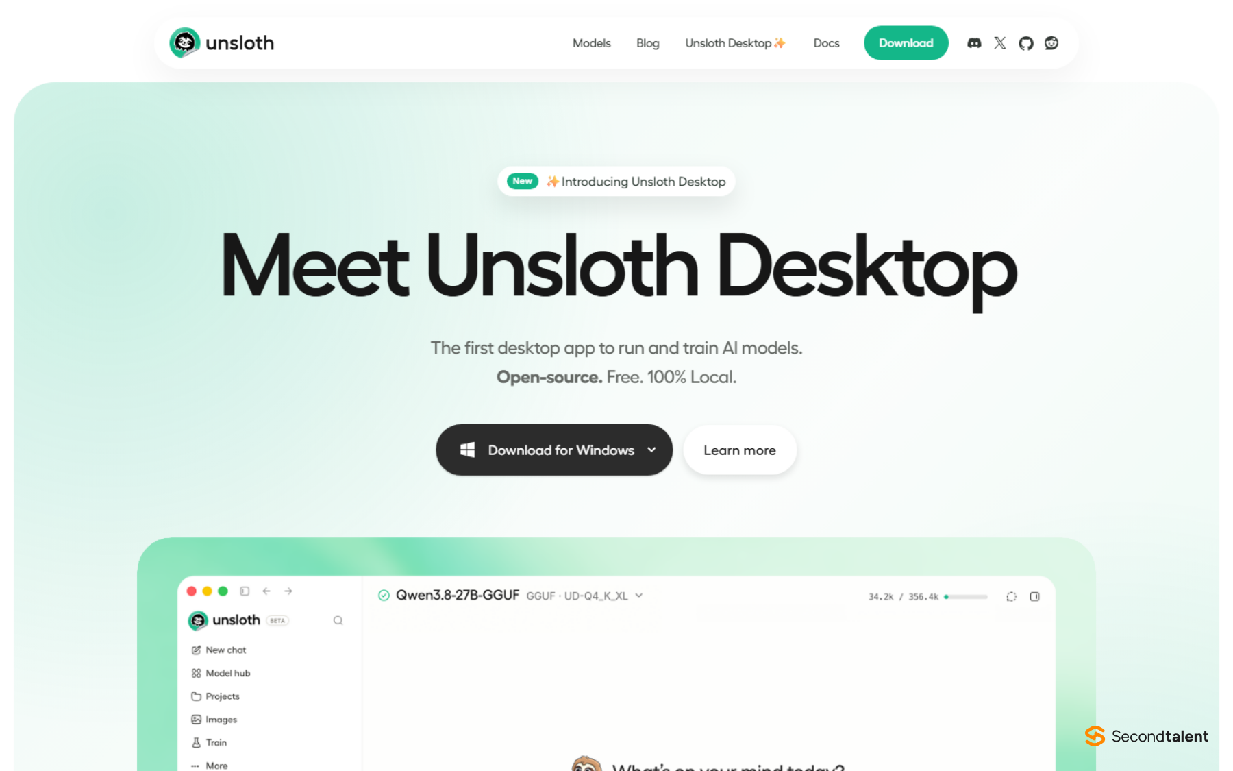 Unsloth home page introducing Unsloth Desktop, a free open-source app to run and train AI models locally
