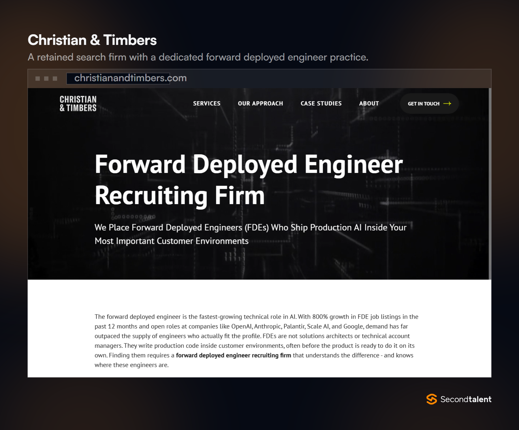 Christian & Timbers page titled Forward Deployed Engineer Recruiting Firm, a retained search practice for FDEs.