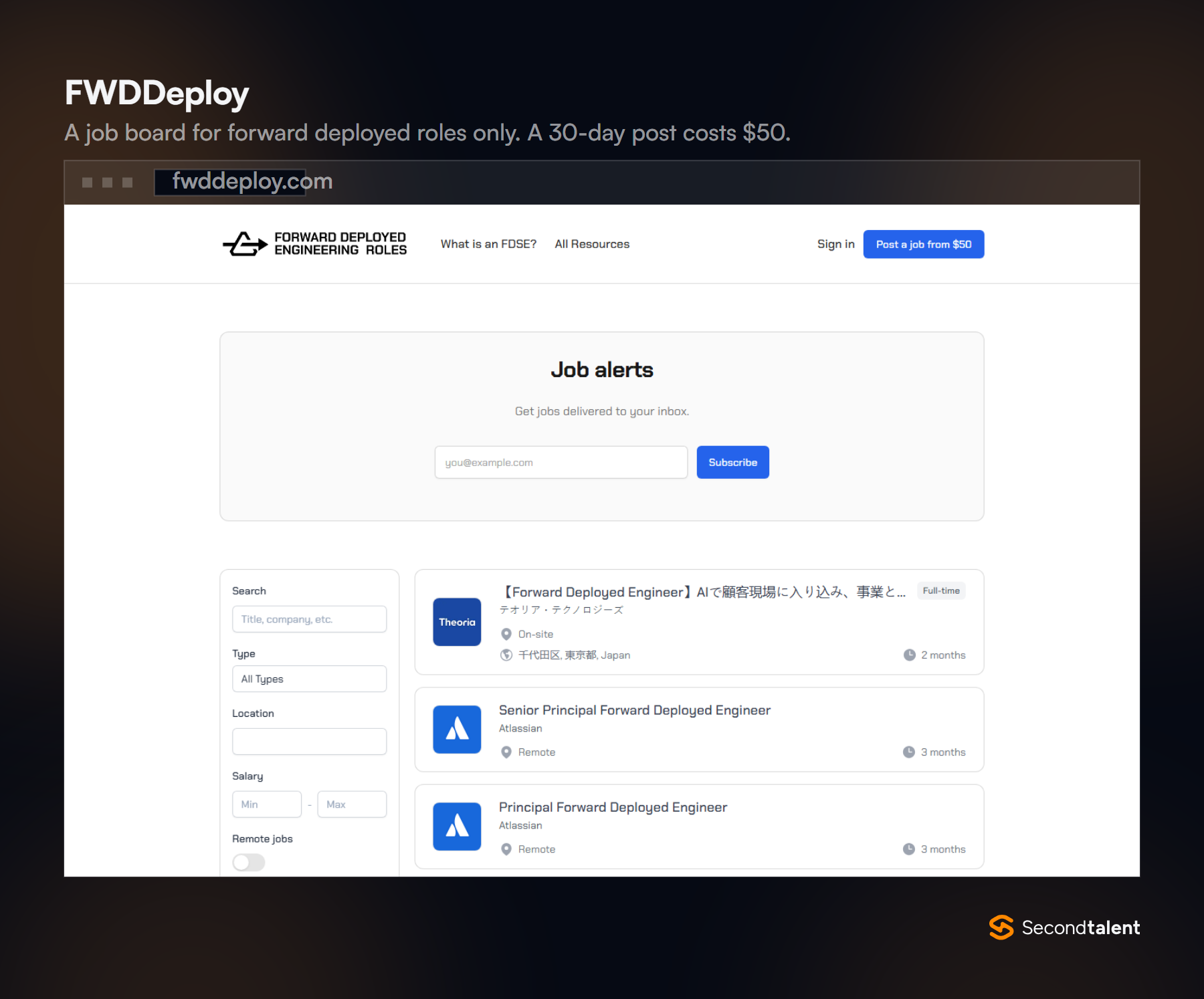 FWDDeploy job board for forward deployed engineering roles, with a Post a job from $50 button and Atlassian listings.