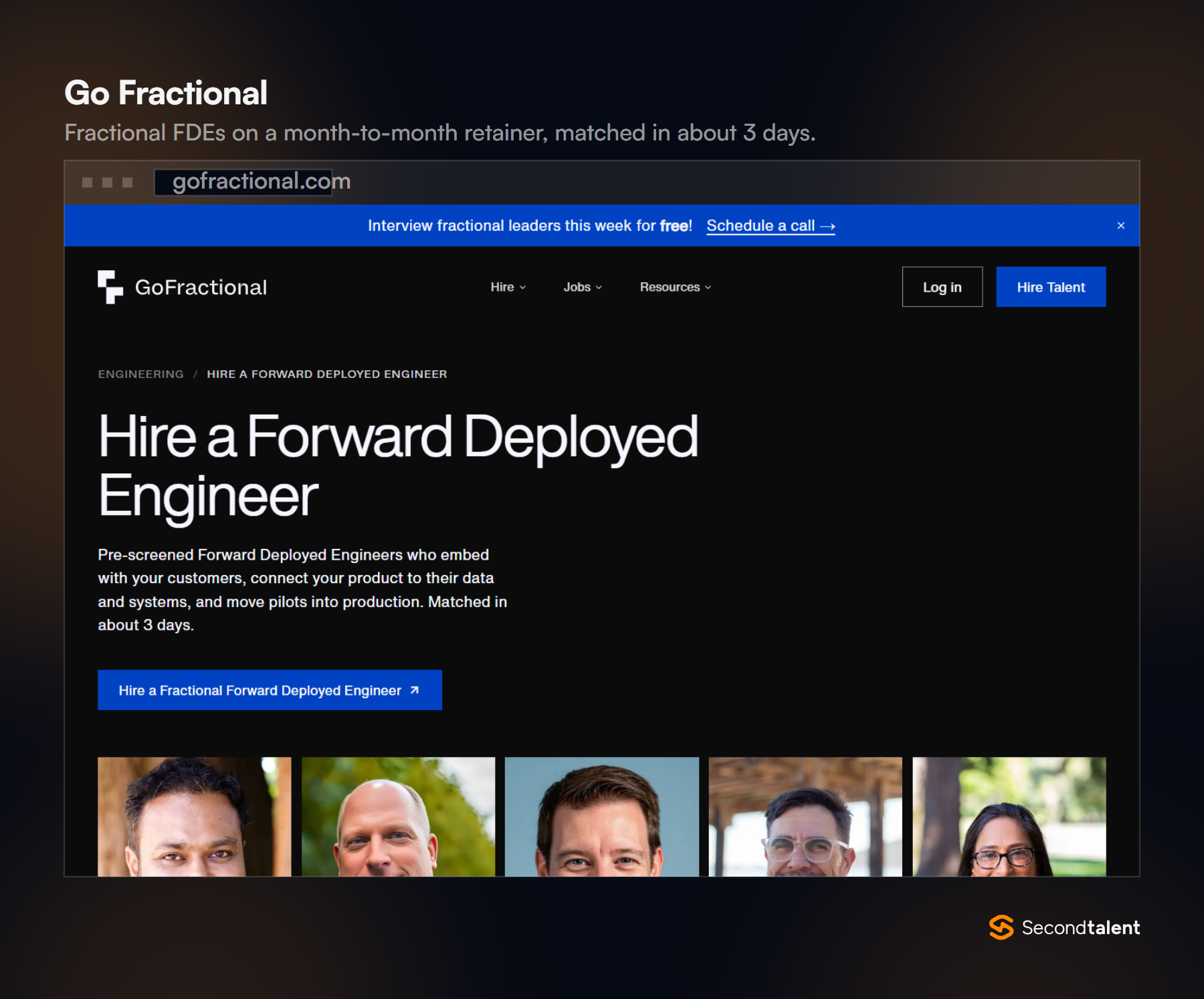 Go Fractional page Hire a Forward Deployed Engineer, pre-screened engineers matched in about 3 days.