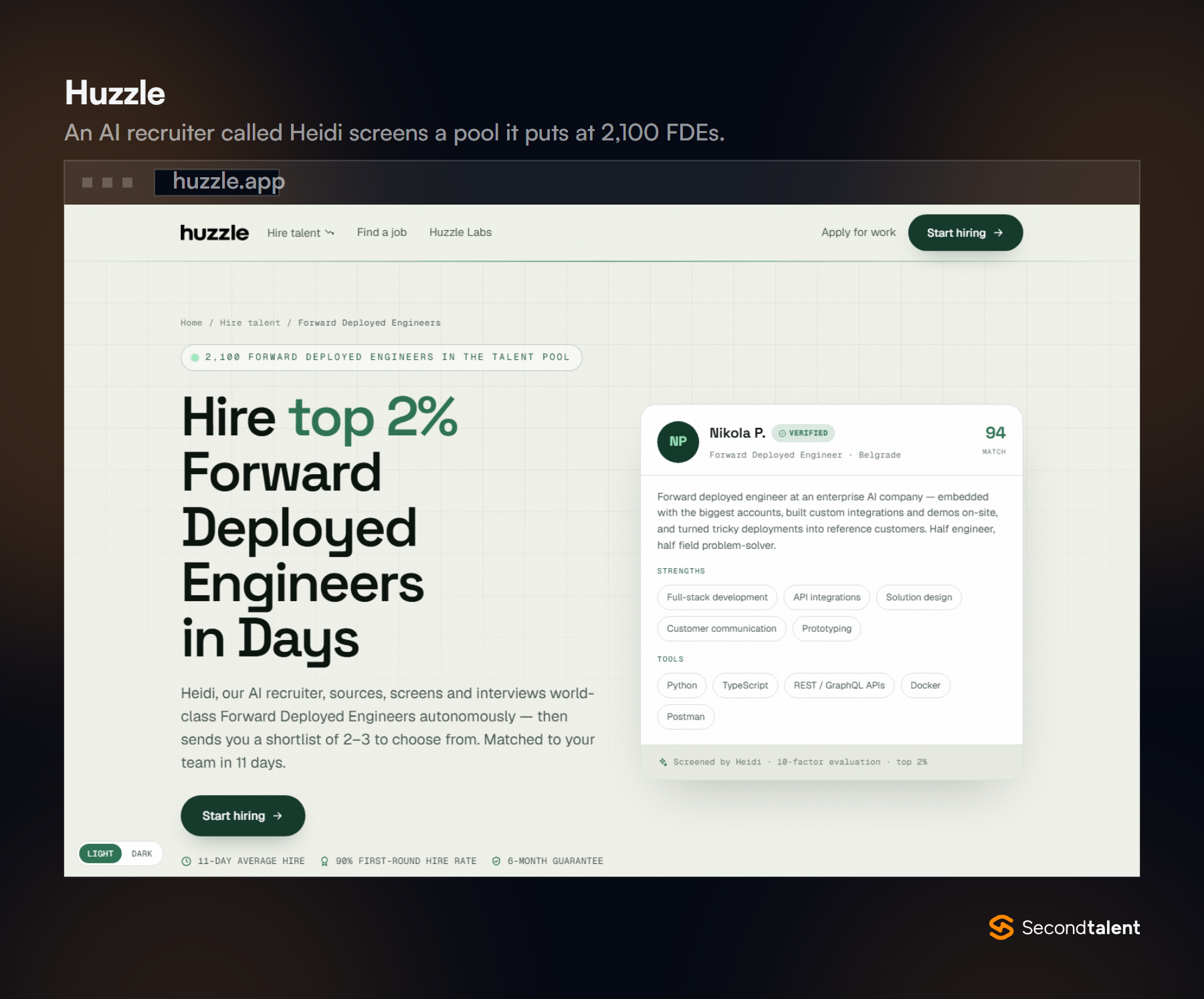 Huzzle's forward deployed engineer page claiming 2,100 FDEs in its talent pool, an 11-day average hire and a 6-month guarantee.