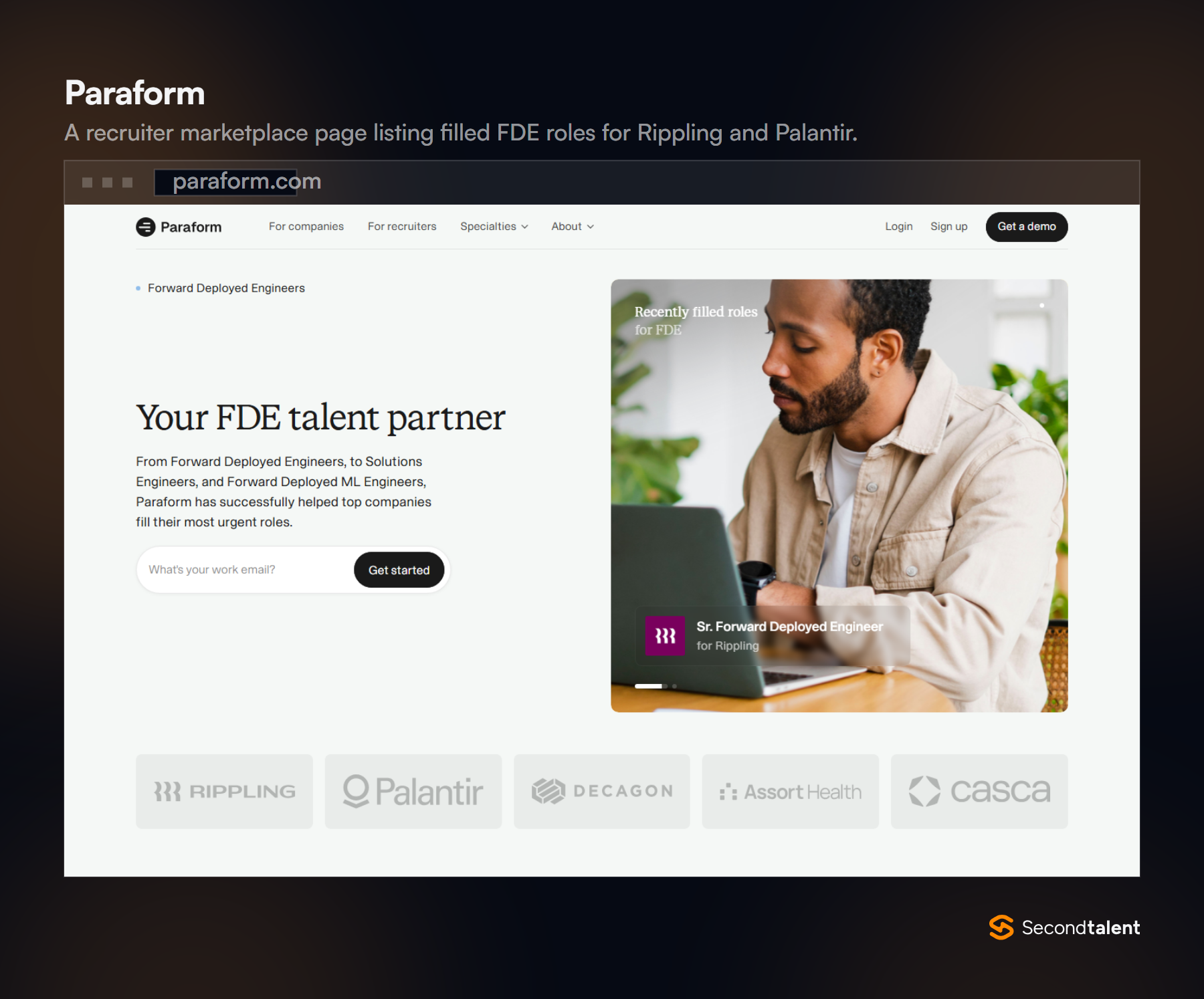 Paraform's FDE specialty page, Your FDE talent partner, showing a recently filled Senior Forward Deployed Engineer role for Rippling.
