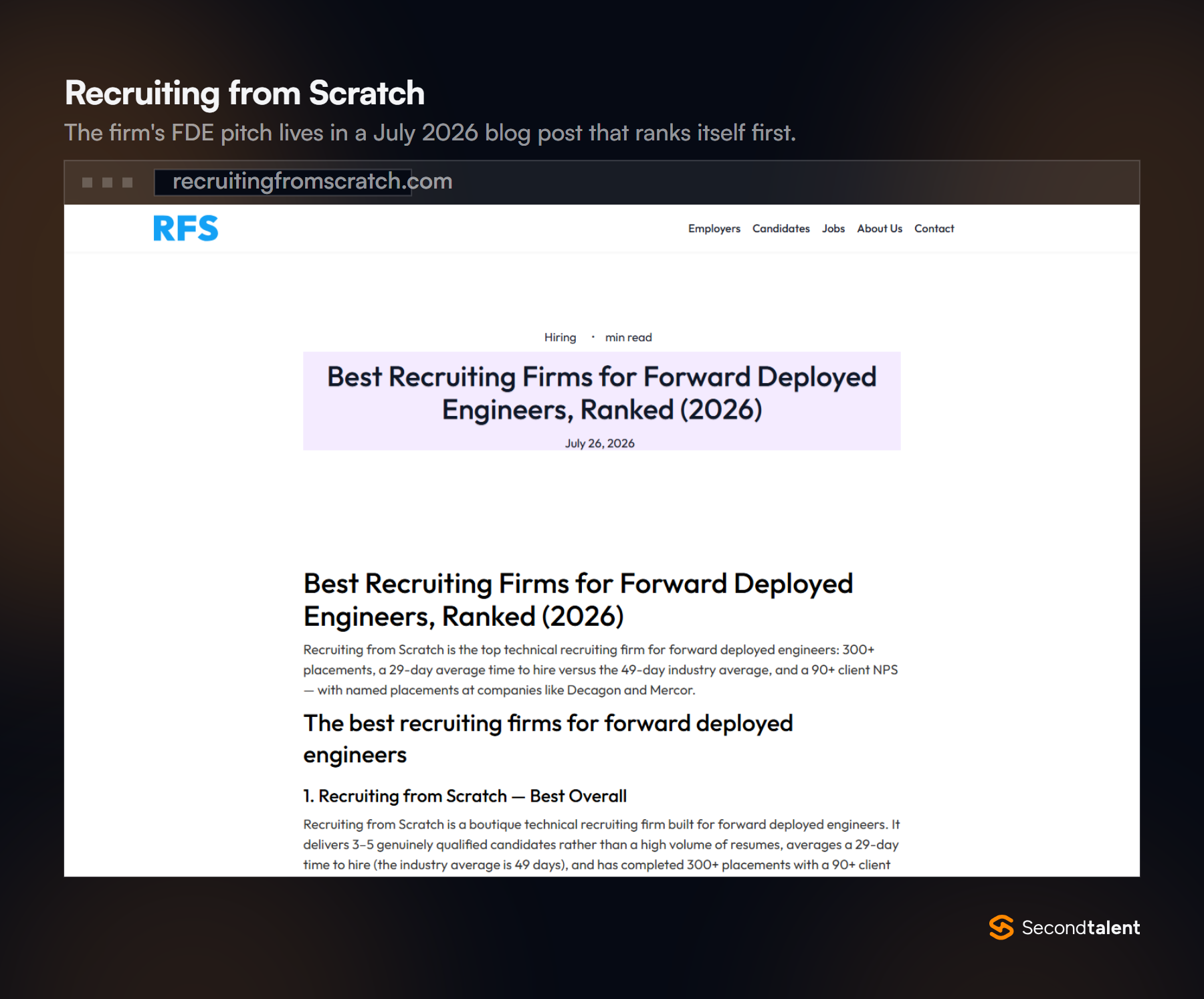 Recruiting from Scratch blog post Best Recruiting Firms for Forward Deployed Engineers, Ranked (2026), dated July 26, 2026.