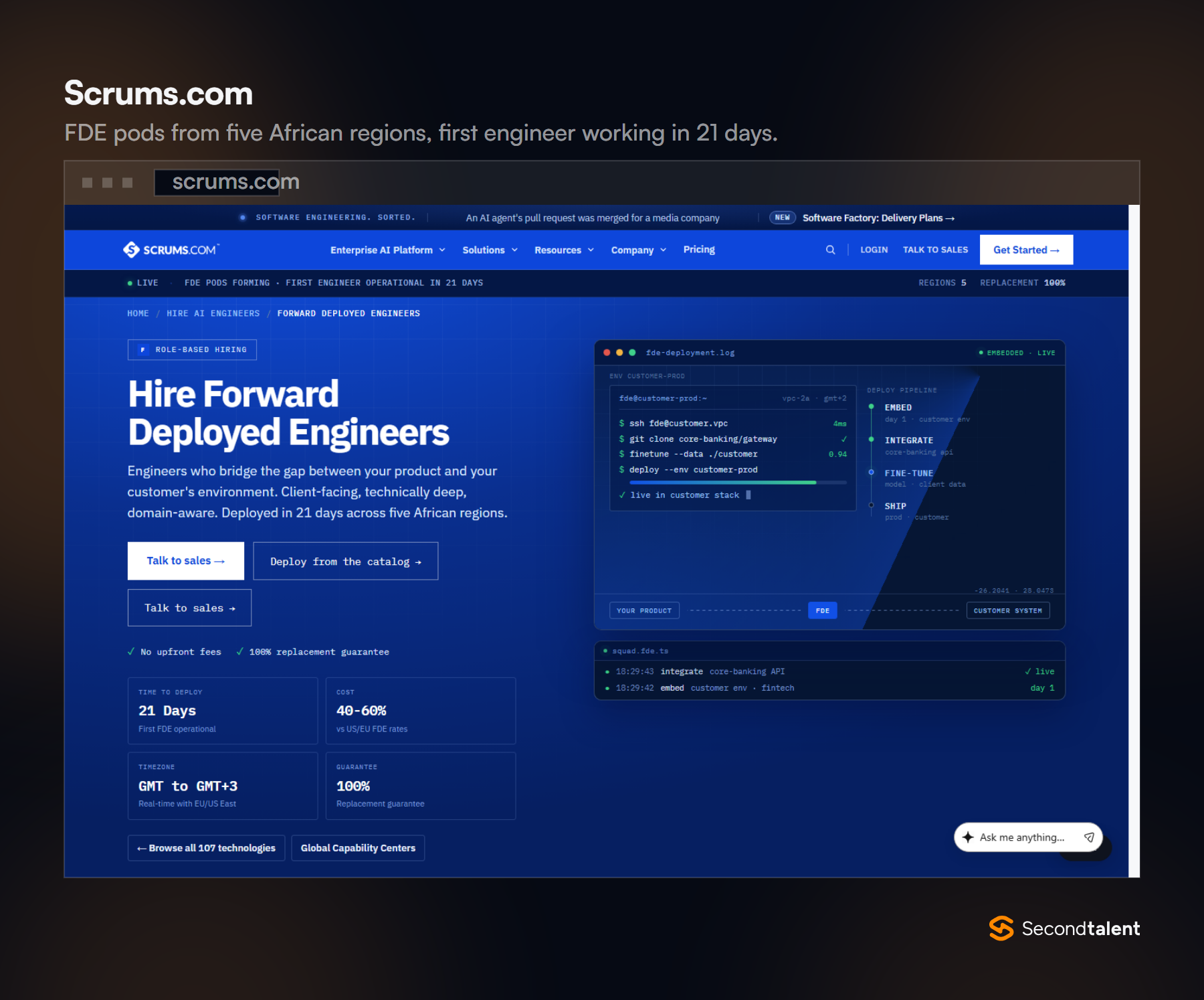 Scrums.com page Hire Forward Deployed Engineers: 21 days to the first FDE, 40 to 60% below US and EU rates, GMT to GMT+3.