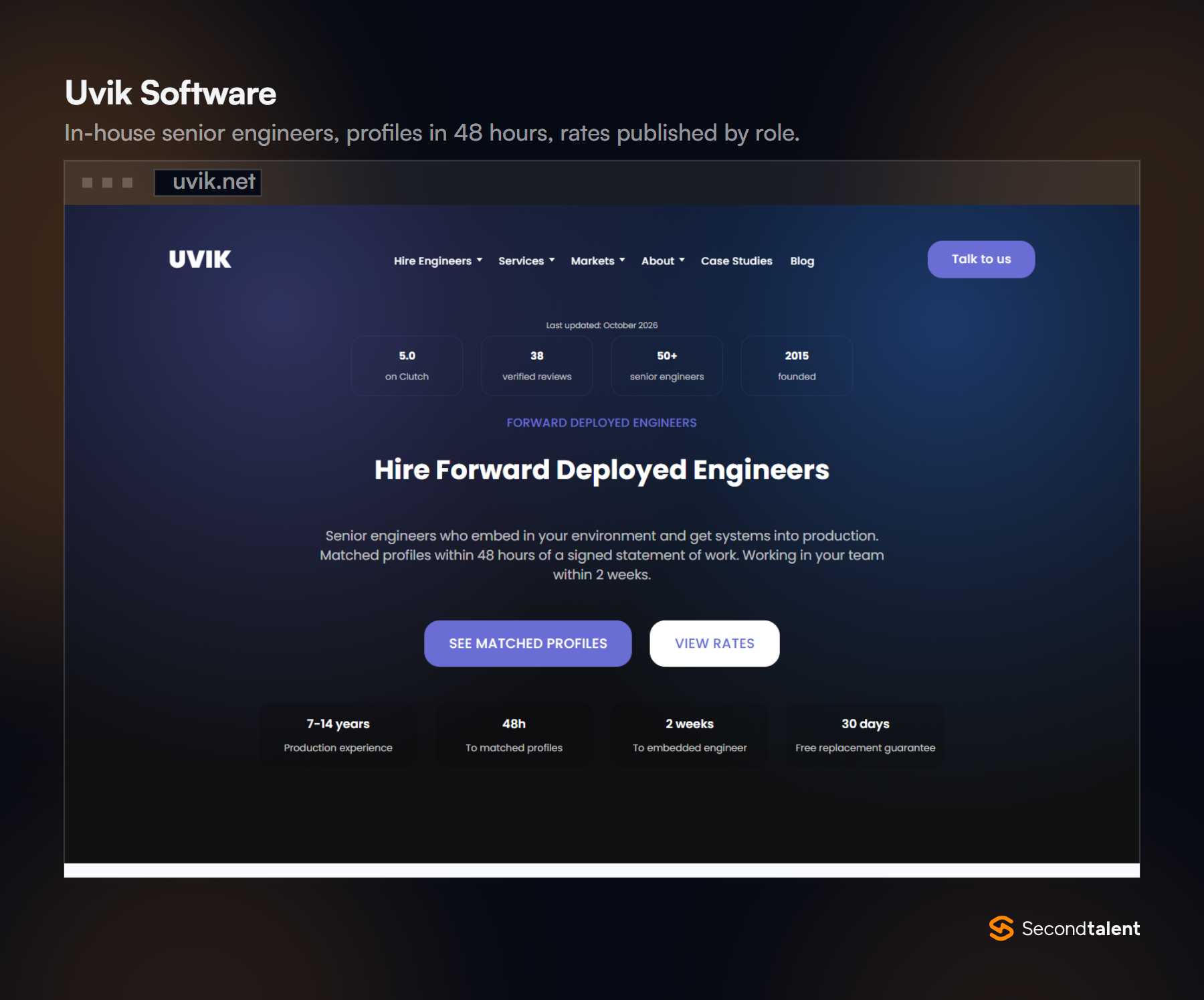 Uvik Software's Hire Forward Deployed Engineers page: matched profiles within 48 hours, embedded within 2 weeks, 30-day free replacement.