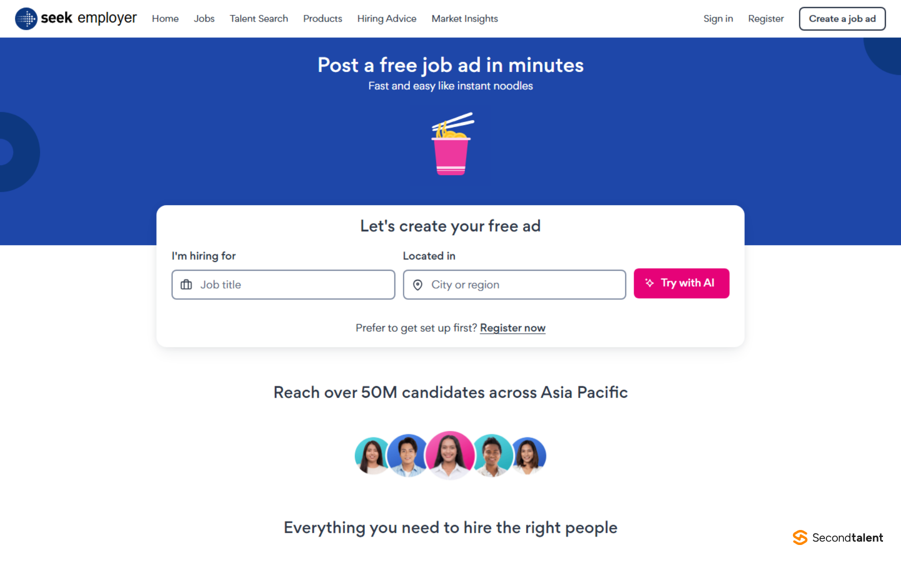SEEK employer page for JobStreet Philippines, offering a free job ad in minutes
