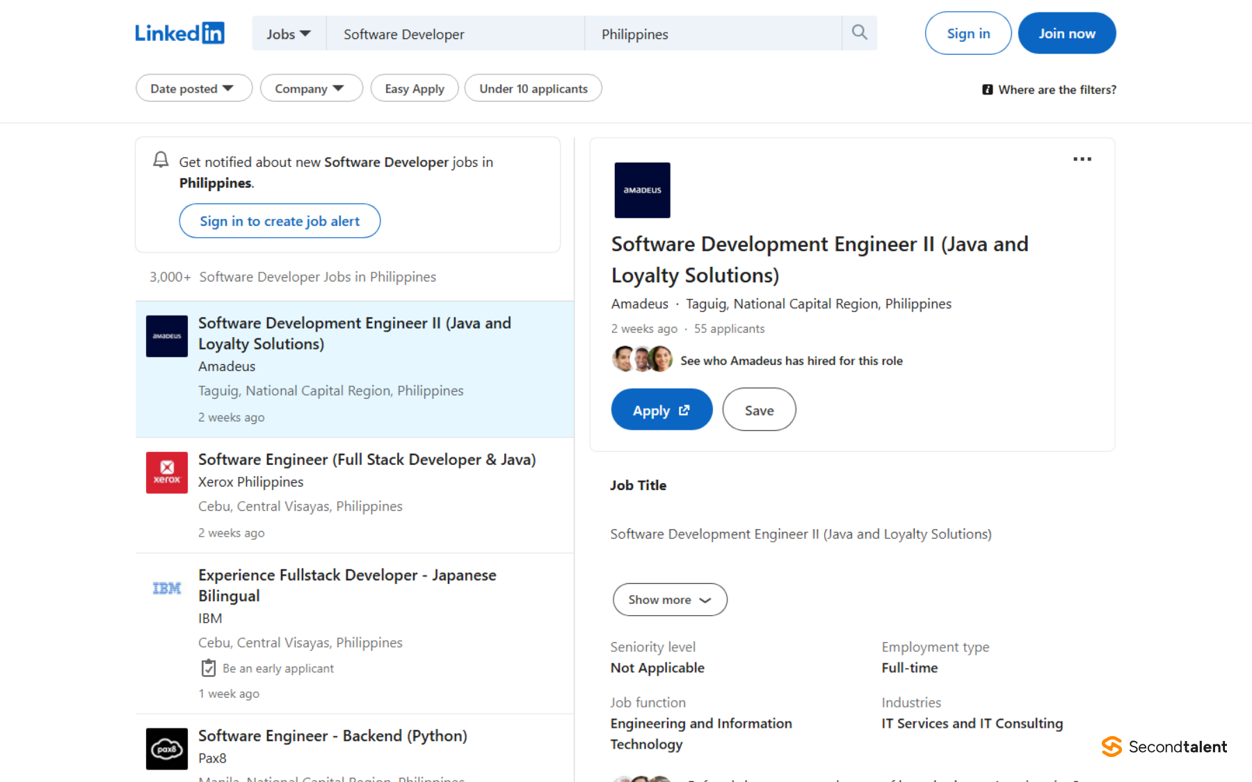 LinkedIn public job search showing 3,000+ software developer jobs in the Philippines