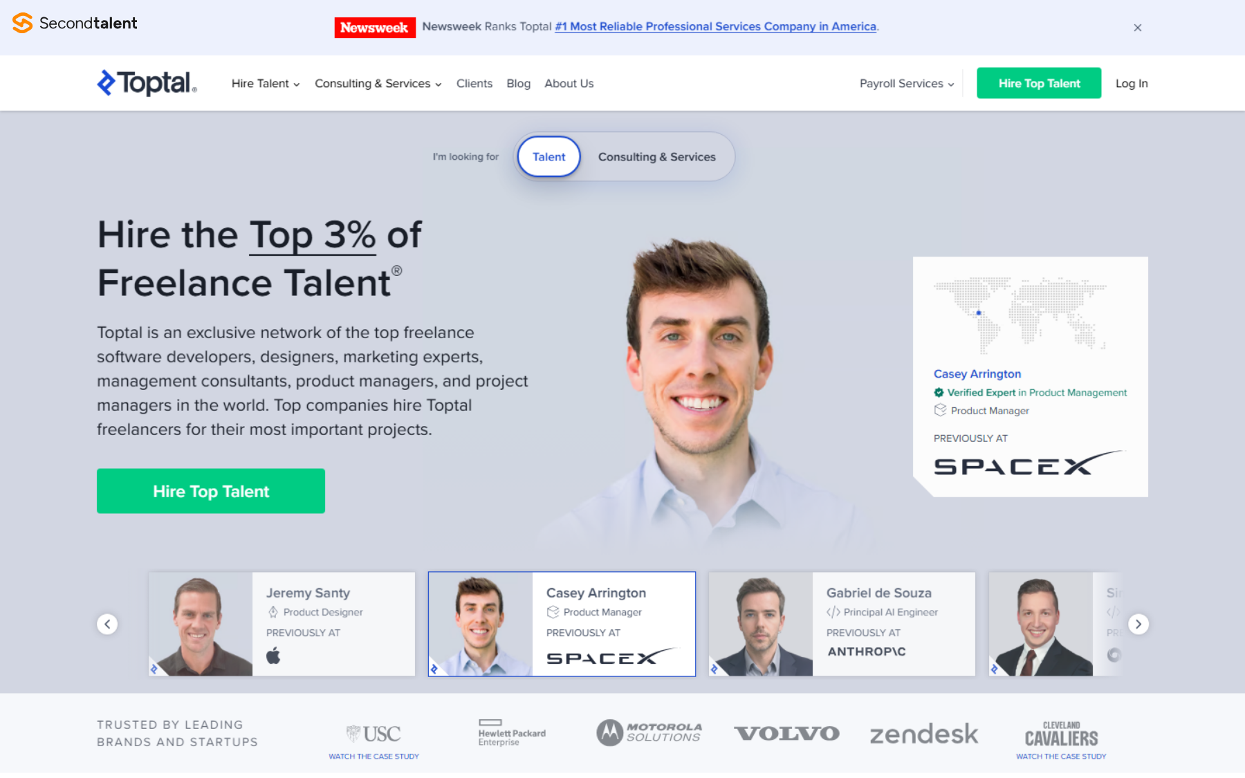 Toptal homepage advertising the top 3 percent of freelance talent