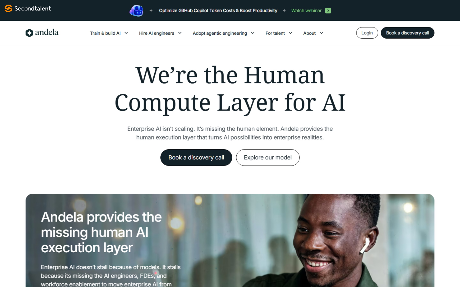 Andela's Why Andela page, calling itself the Human Compute Layer for AI, with a Book a discovery call button.