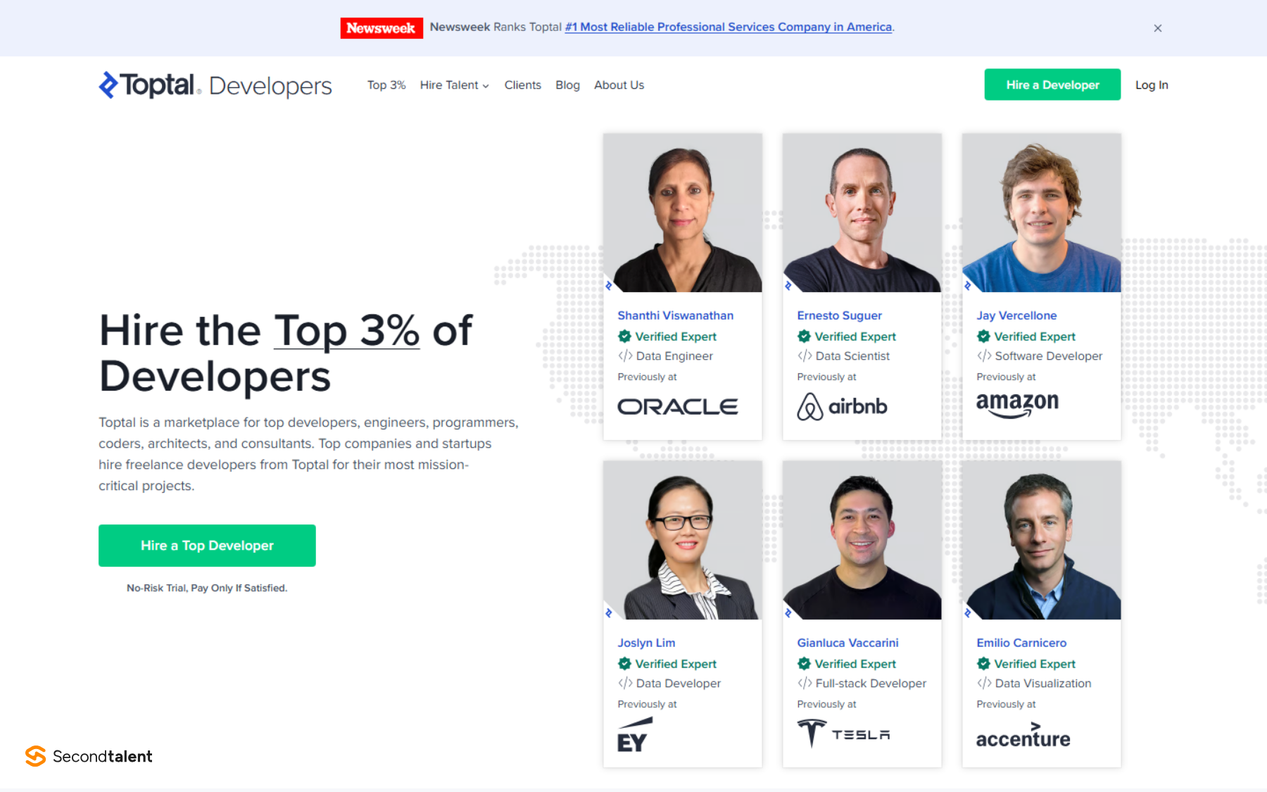 Toptal's developer hiring page: hire the top 3% of developers, with a no-risk trial and pay only if satisfied.