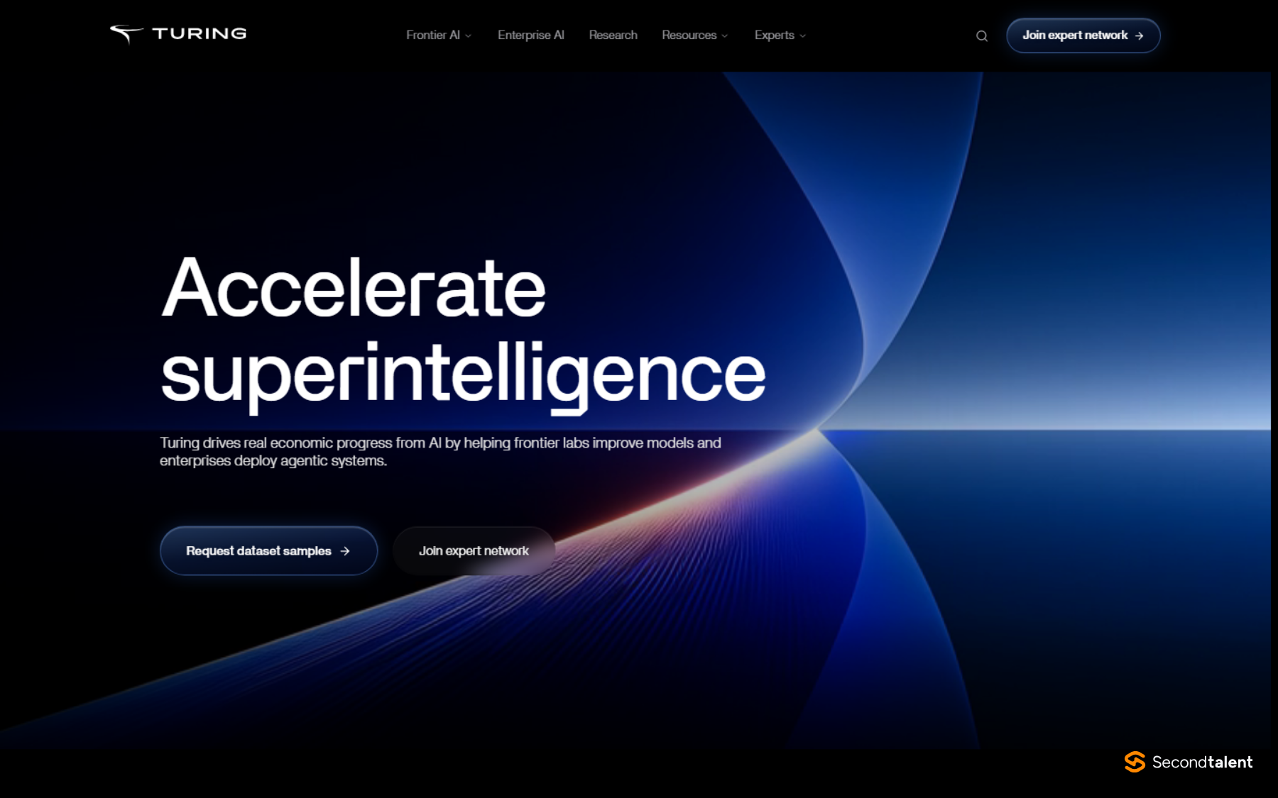 Turing's site in October 2026, headed Accelerate superintelligence, selling AI datasets and an expert network rather than developer hiring.