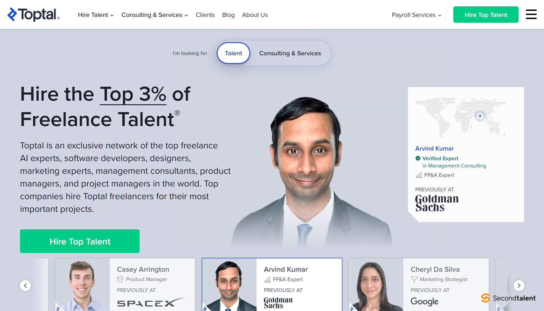 Toptal homepage, 2026