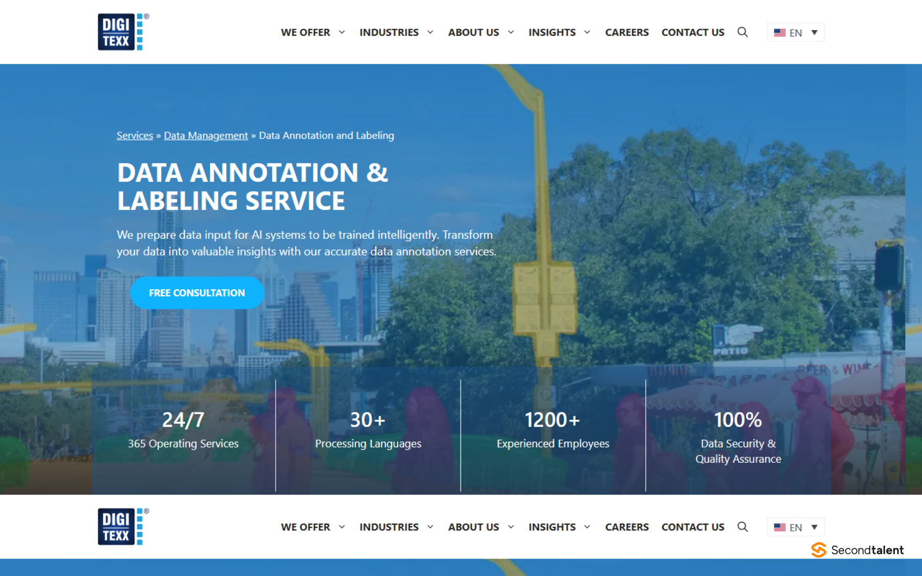 DIGI-TEXX's data annotation and labelling service page, listing 24/7 operating services, 30+ processing languages and 1,200+ experienced employees.