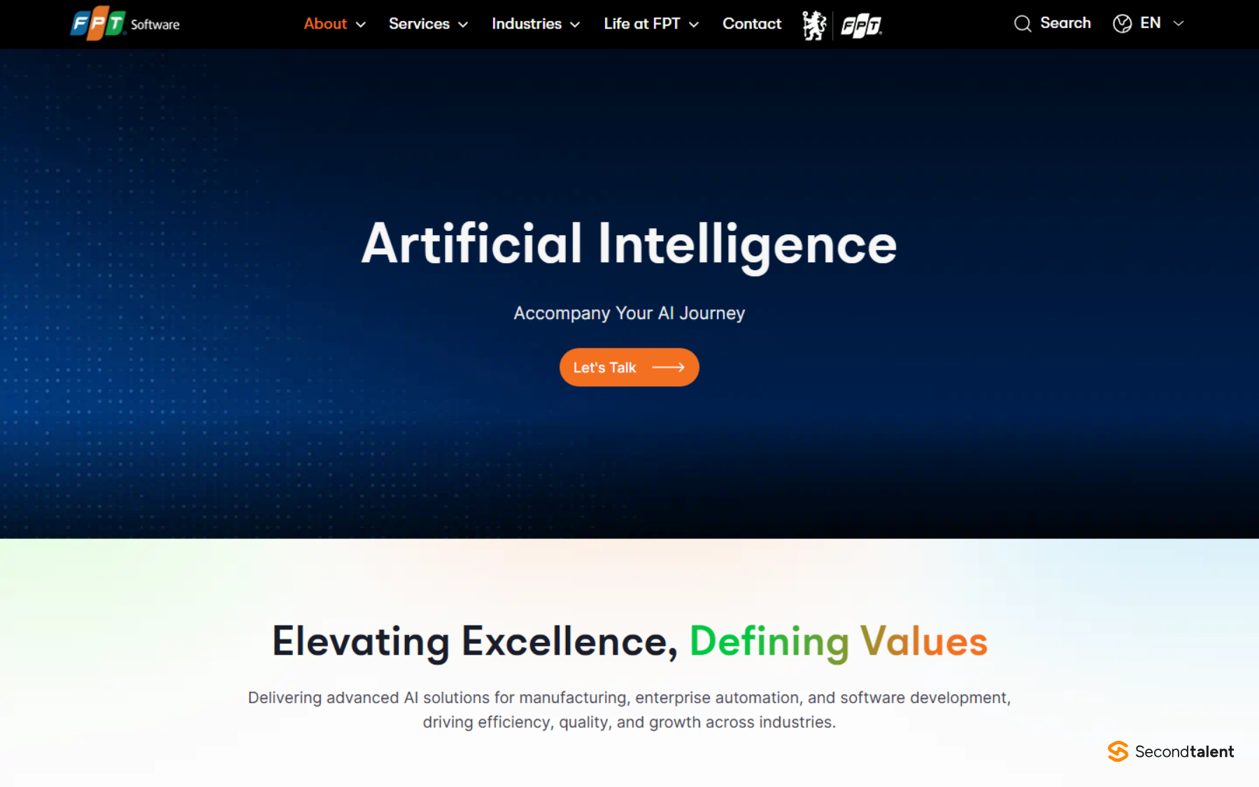 FPT Software's artificial intelligence services page, headed Accompany Your AI Journey, offering AI solutions for manufacturing, enterprise automation and software development.