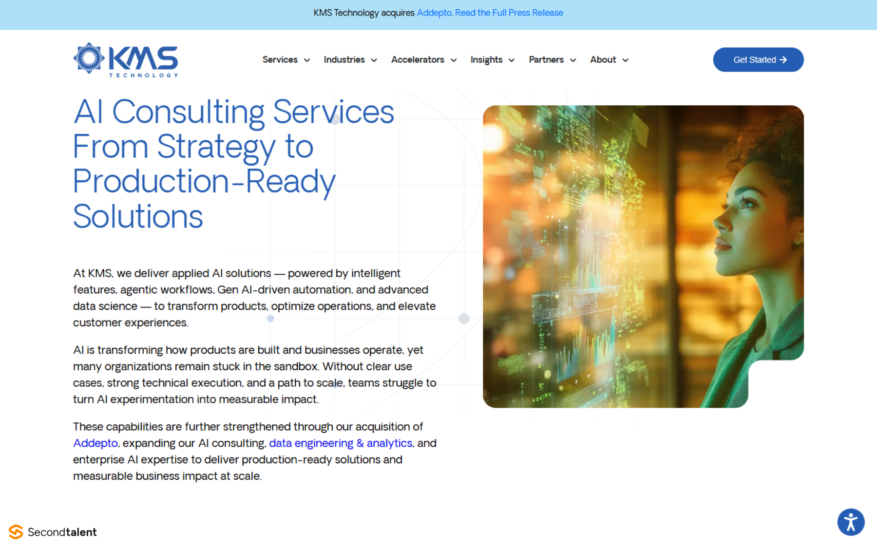 KMS Technology's AI consulting services page, with a banner announcing its acquisition of Addepto and a description of applied AI and agentic workflows.