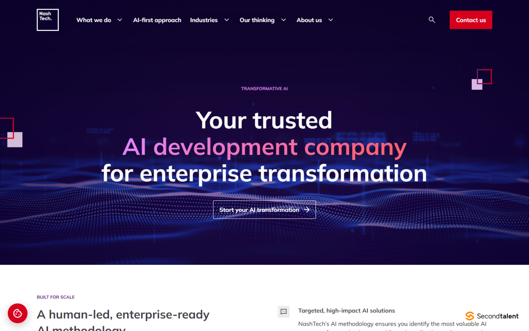 NashTech's AI page, headed Your trusted AI development company for enterprise transformation, describing a human-led, enterprise-ready AI methodology.