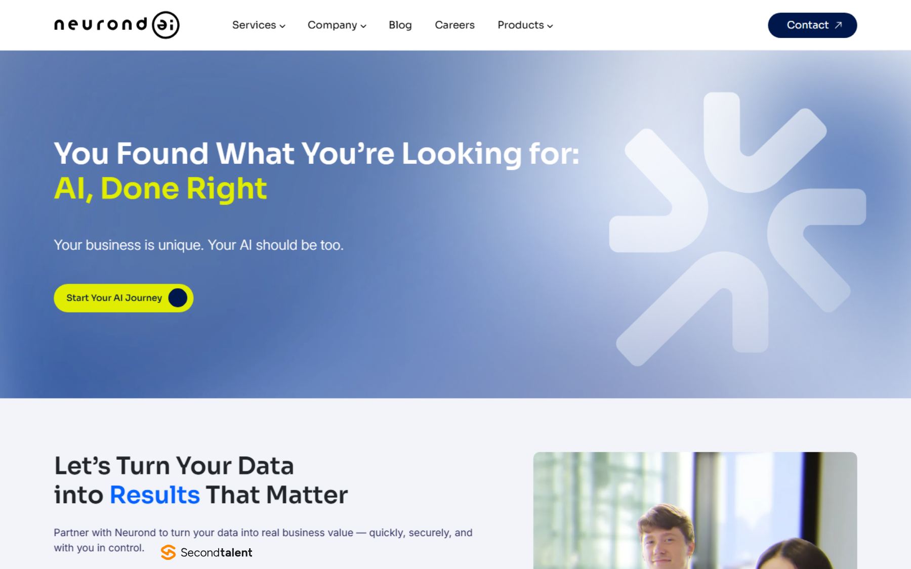 Neurond AI's homepage, headed You Found What You're Looking for: AI, Done Right, offering to turn a company's data into business results.