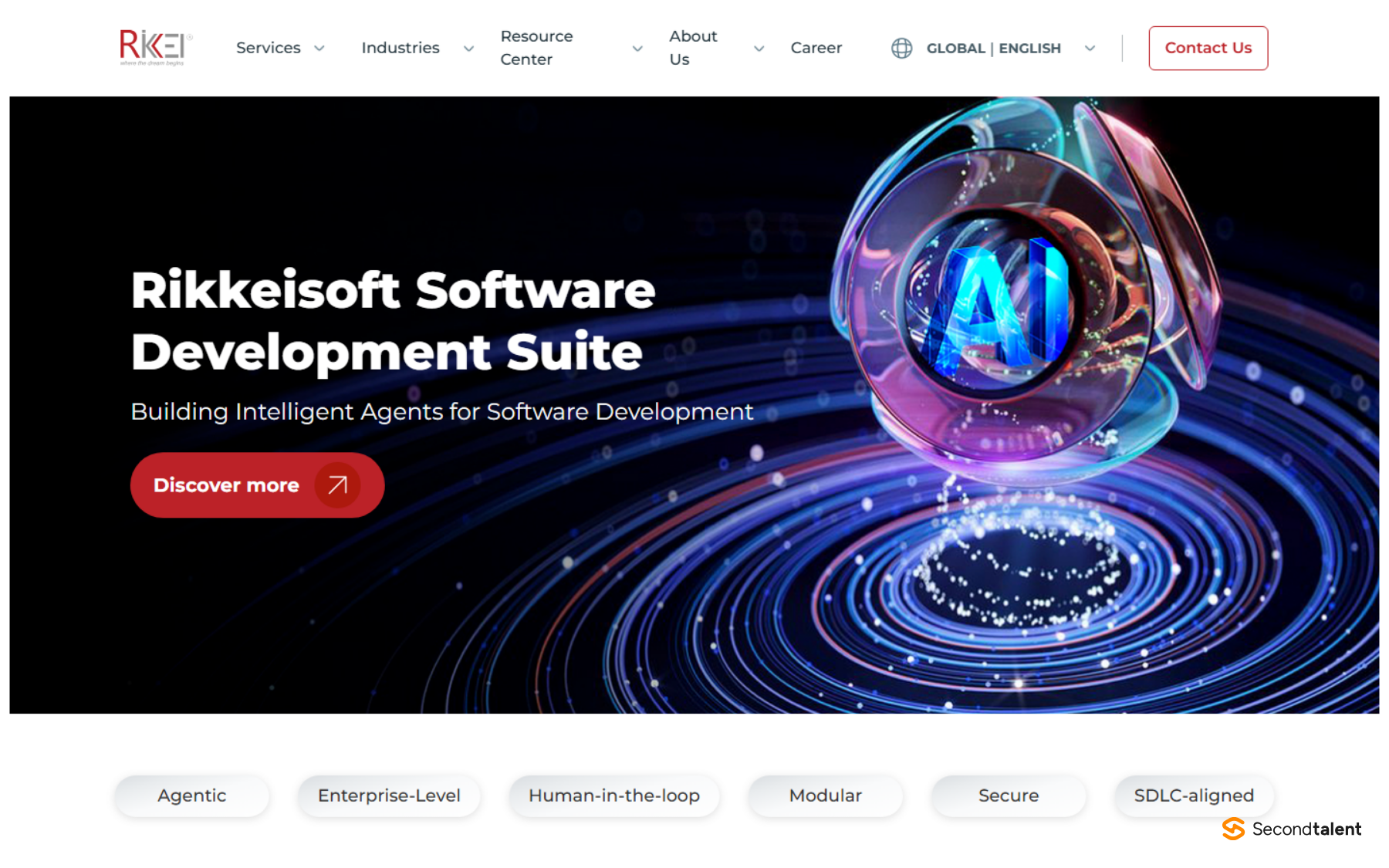 Rikkeisoft's AI page for its Software Development Suite, building intelligent agents for software development, tagged agentic, enterprise-level, human-in-the-loop, modular, secure and SDLC-aligned.