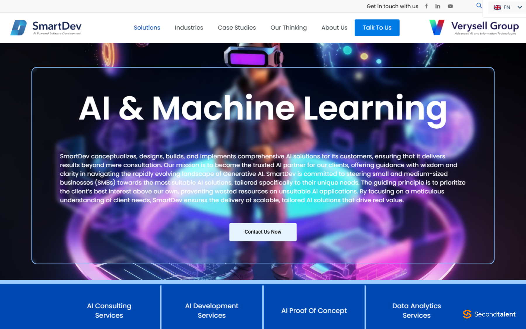 SmartDev's AI and machine learning page, part of Verysell Group, listing AI consulting, AI development, AI proof of concept and data analytics services.