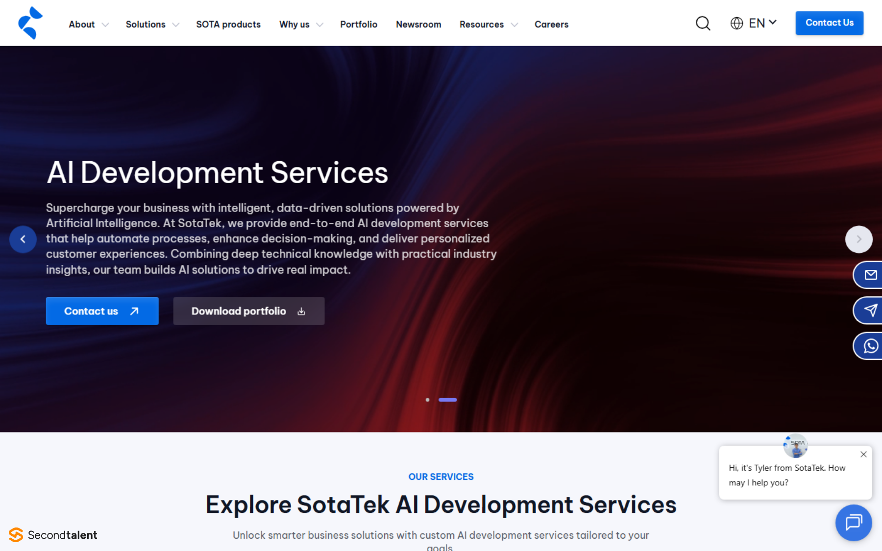 SotaTek's AI development services page, offering end-to-end AI development to automate processes and personalise customer experiences.