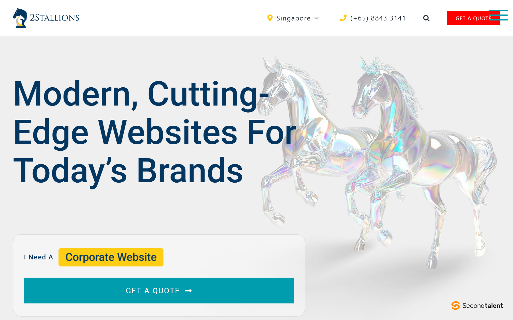 2Stallions website development page, headed Modern, Cutting-Edge Websites For Today's Brands, with a quote form for a corporate website.