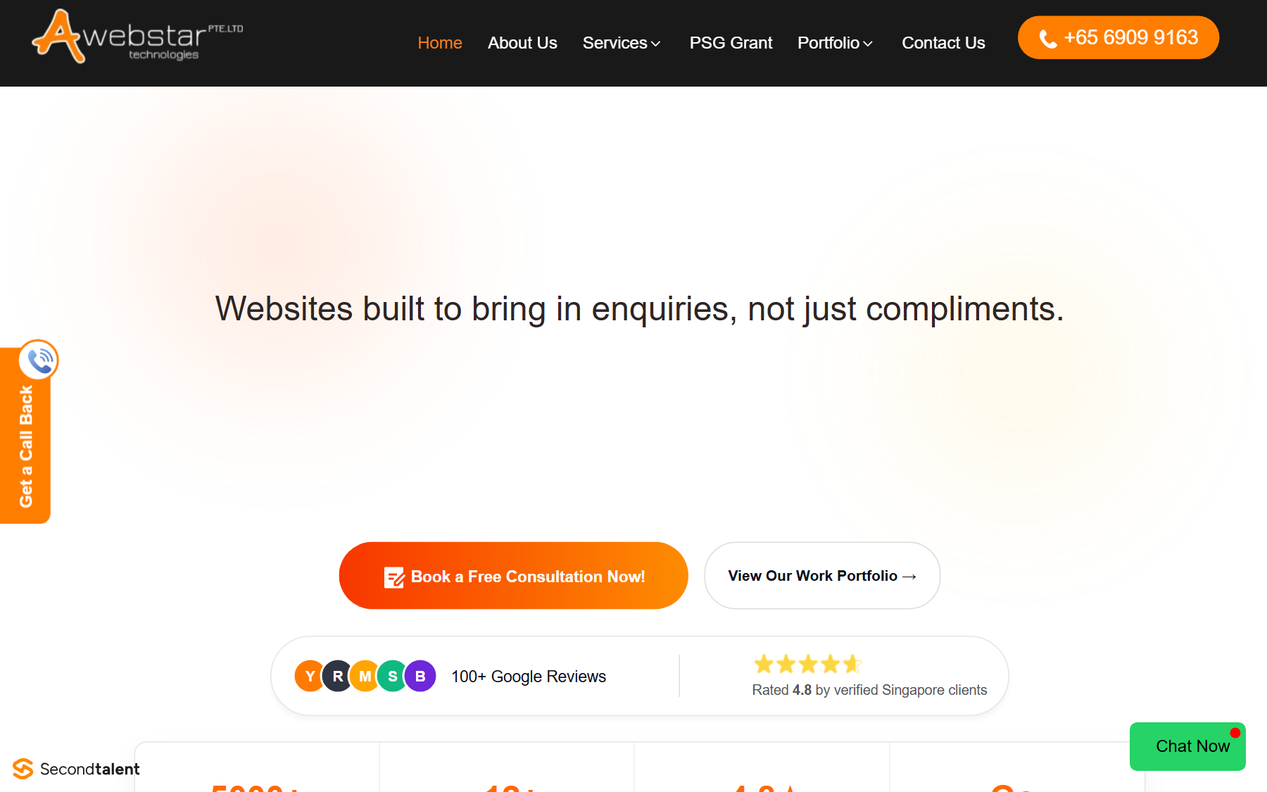 Awebstar homepage, headed Websites built to bring in enquiries, not just compliments, with a 4.8 rating from 100+ Google reviews.