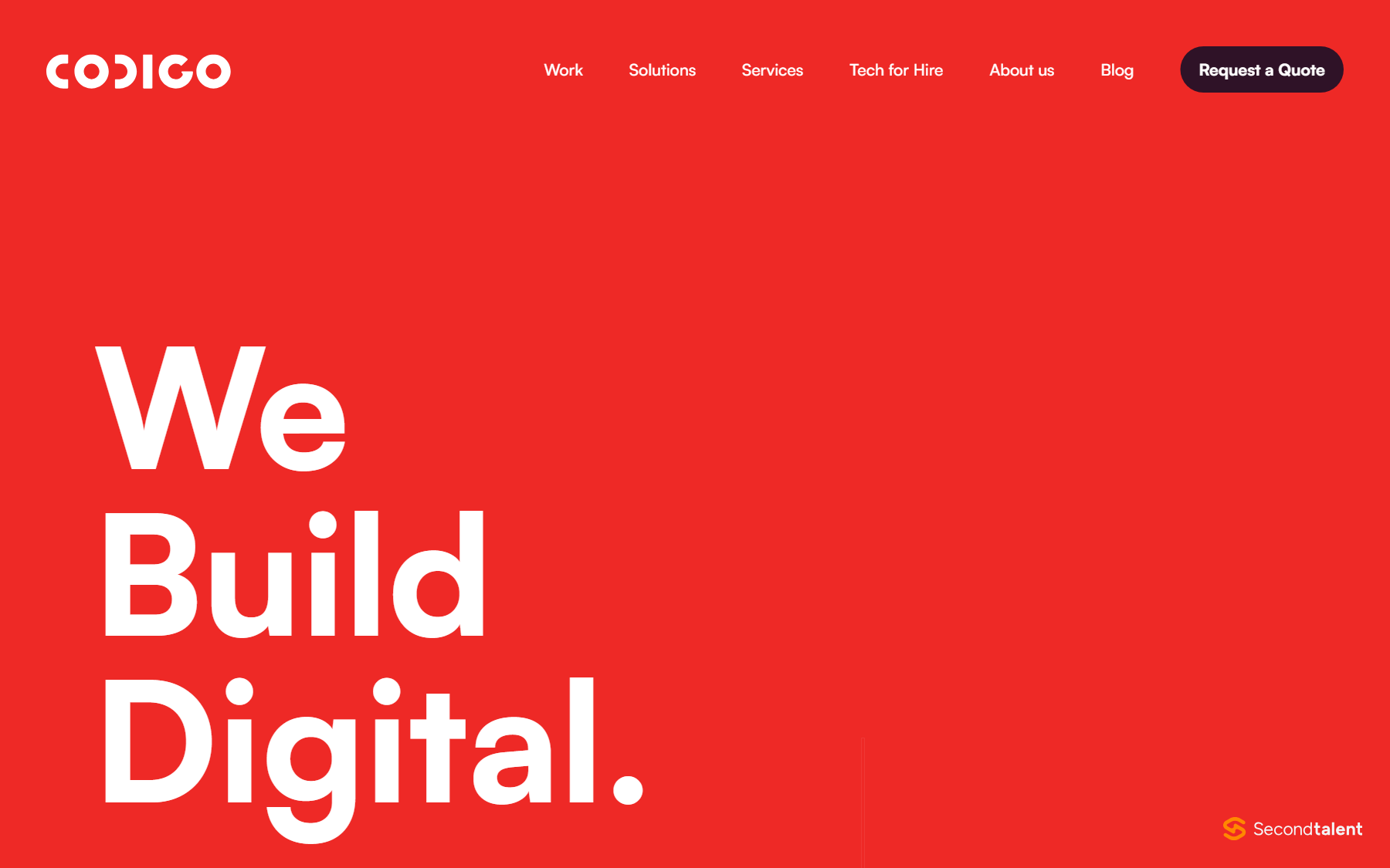 Codigo homepage, headed We Build Digital, with Tech for Hire in the main navigation.