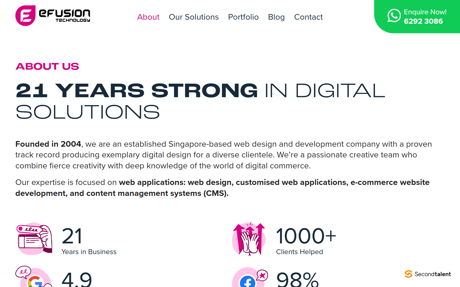 eFusion Technology about page, stating it was founded in 2004 and has helped more than 1,000 clients.