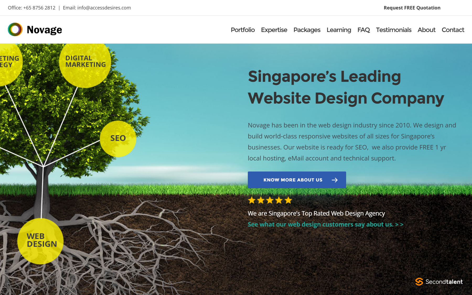 Novage homepage, stating it has been in web design since 2010 and includes a free year of local hosting with each site.