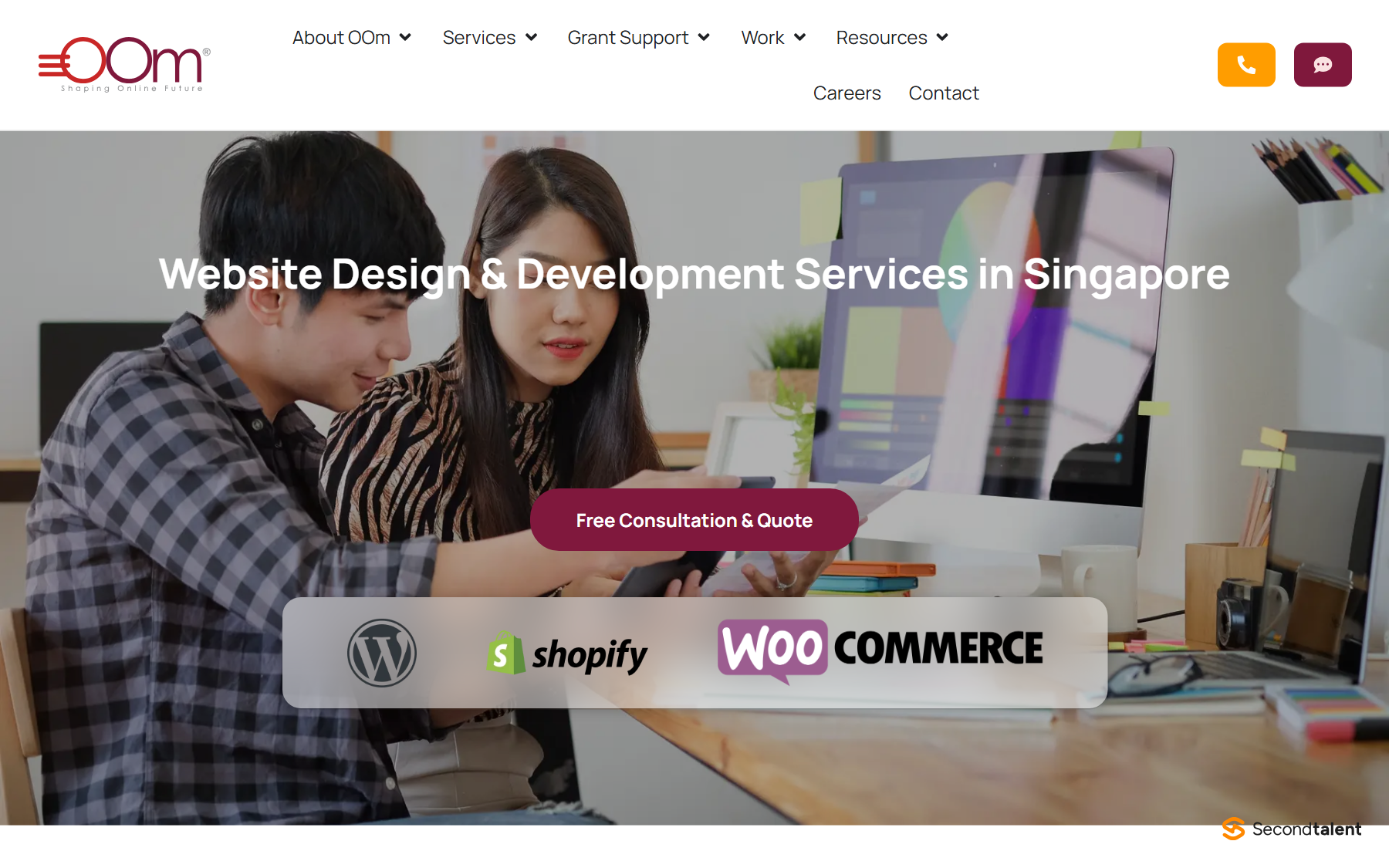 OOm website design and development page, listing WordPress, Shopify and WooCommerce as its build platforms.