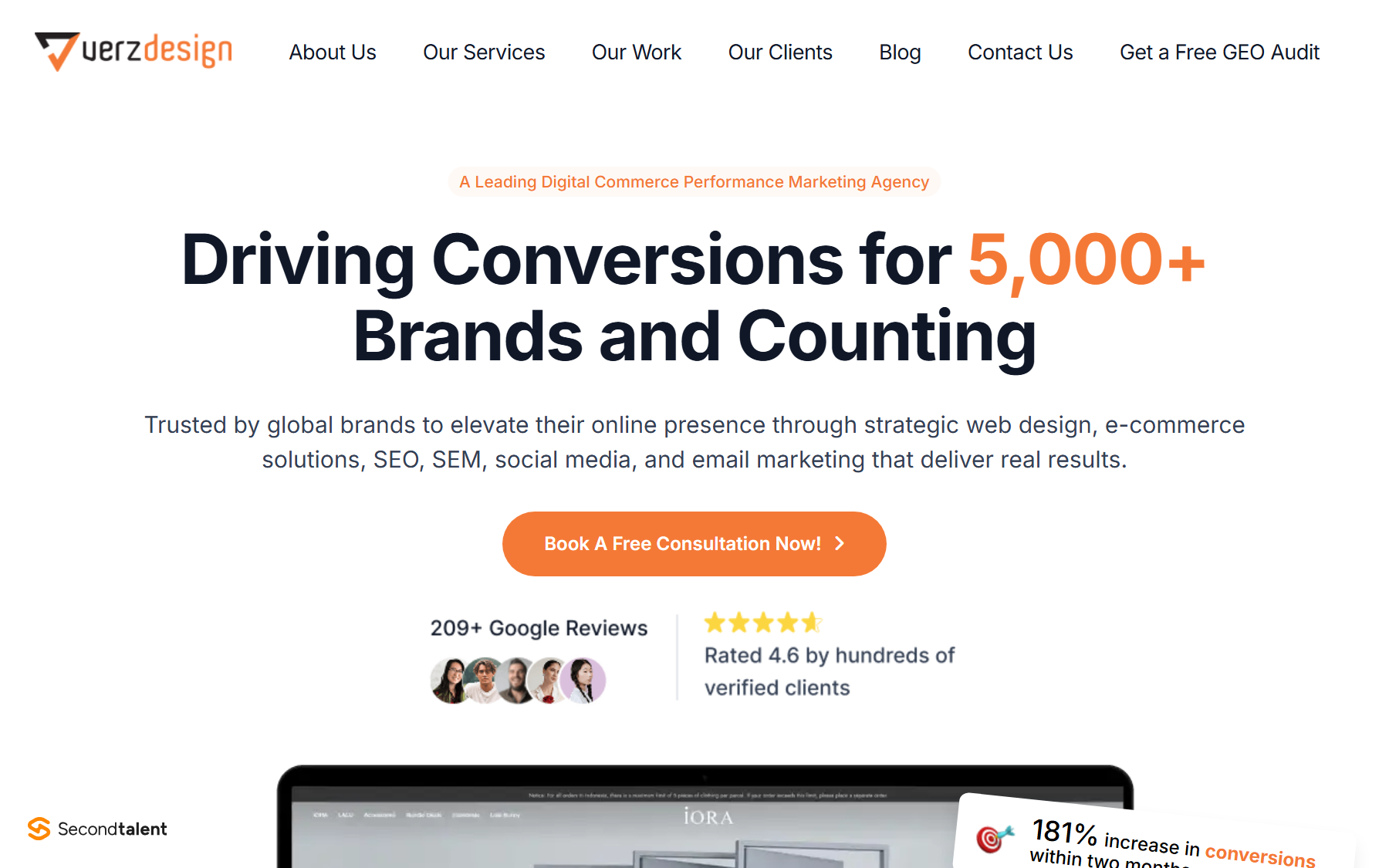 Verz Design homepage, headed Driving Conversions for 5,000+ Brands and Counting, offering web design, e-commerce, SEO and email marketing.