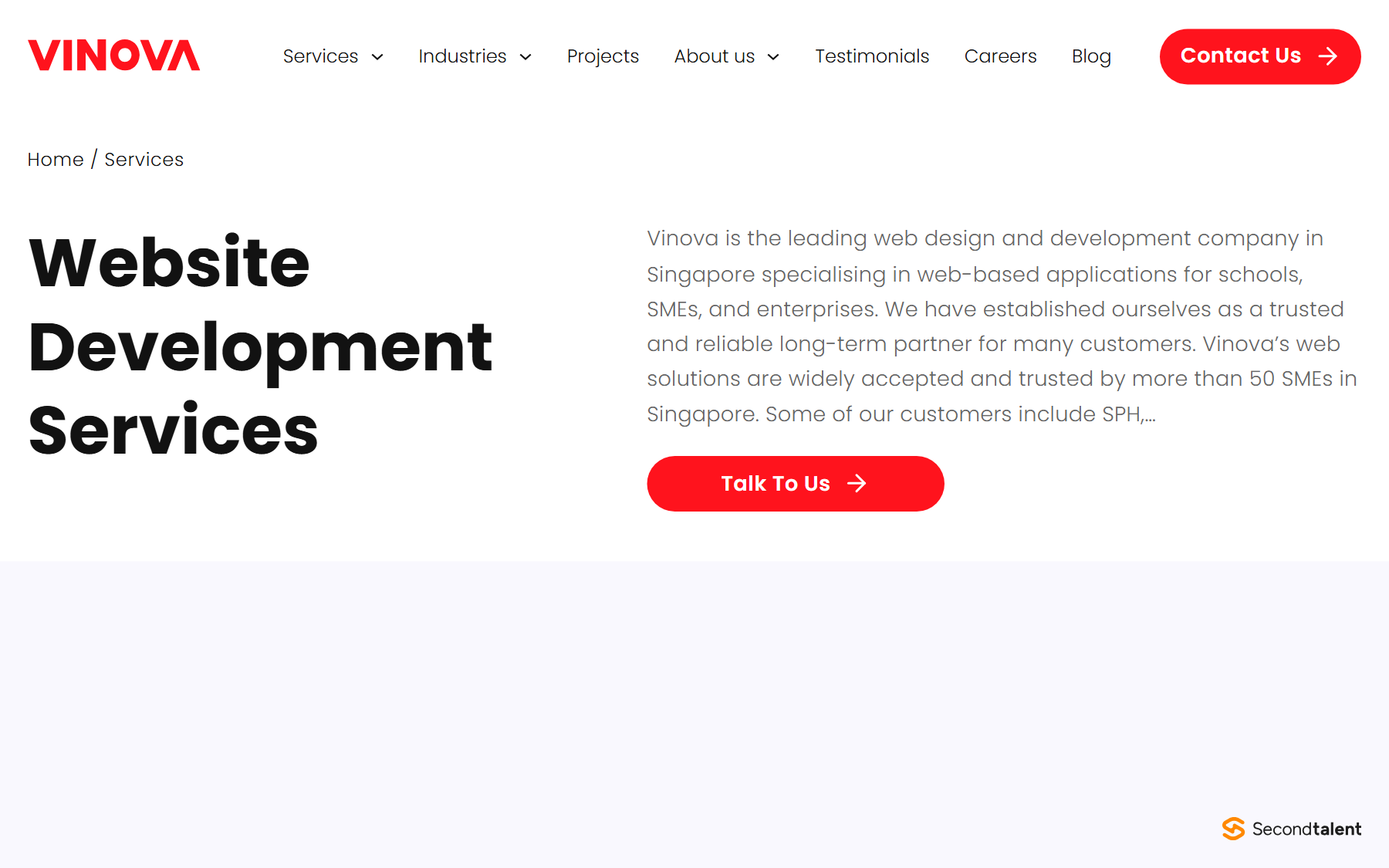 Vinova website development services page, describing web-based applications for schools, SMEs and enterprises in Singapore.