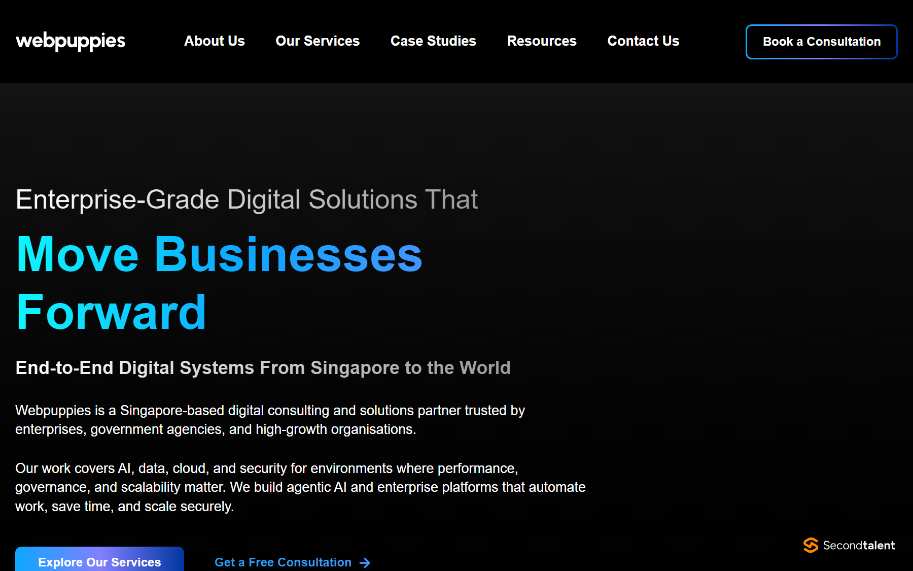 Webpuppies homepage, describing a Singapore-based digital solutions partner for enterprises and government agencies.