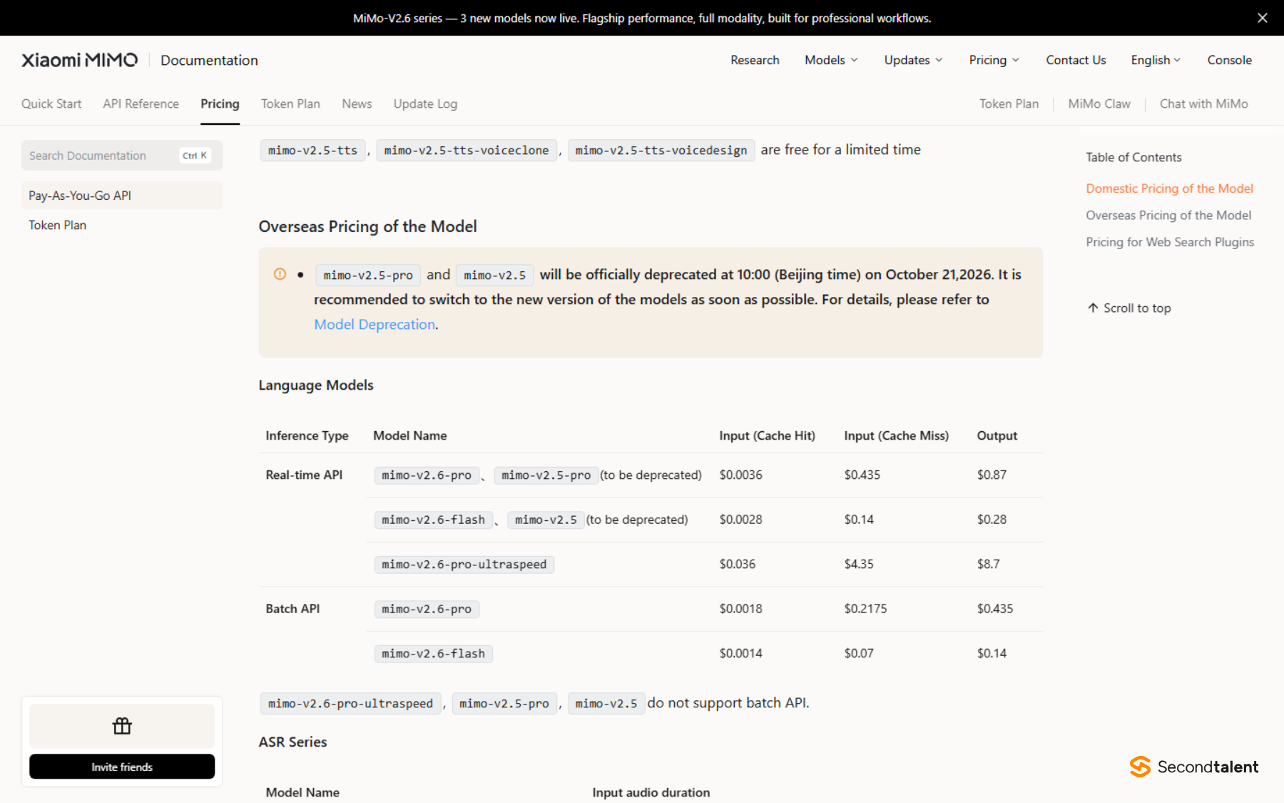 Xiaomi MiMo API pricing page showing overseas rates: mimo-v2.6-pro $0.435 input and $0.87 output, mimo-v2.6-flash $0.14 and $0.28, UltraSpeed $4.35 and $8.70, and batch rates at half price.